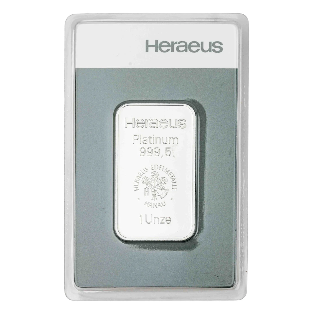 PLATINbarren – 1 Unze Feinplatin, geprägter Platinbarren, Hersteller Heraeus