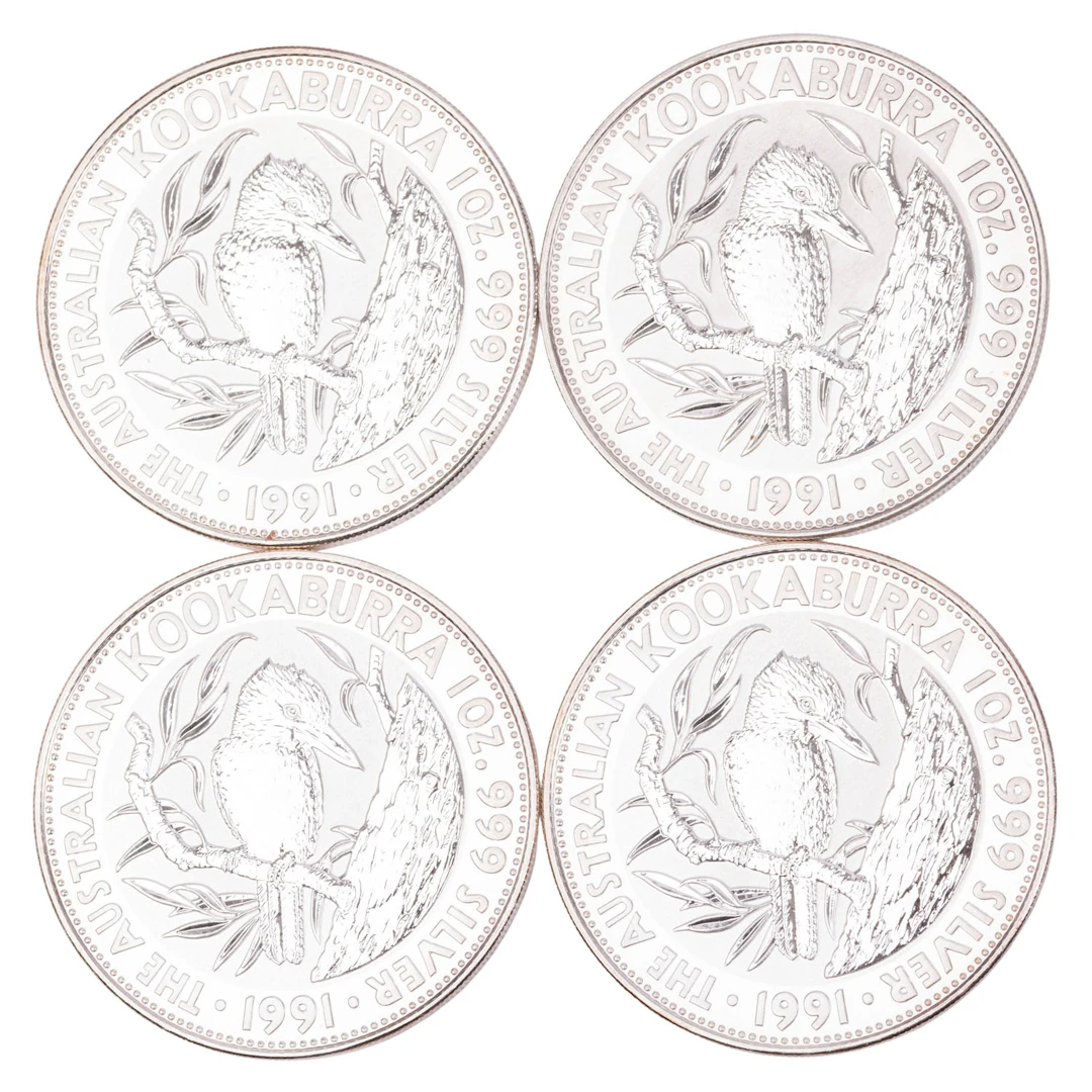 Australien/SILBER – 4 x 5 Dollars 1991, Kookaburra, je 1 oz