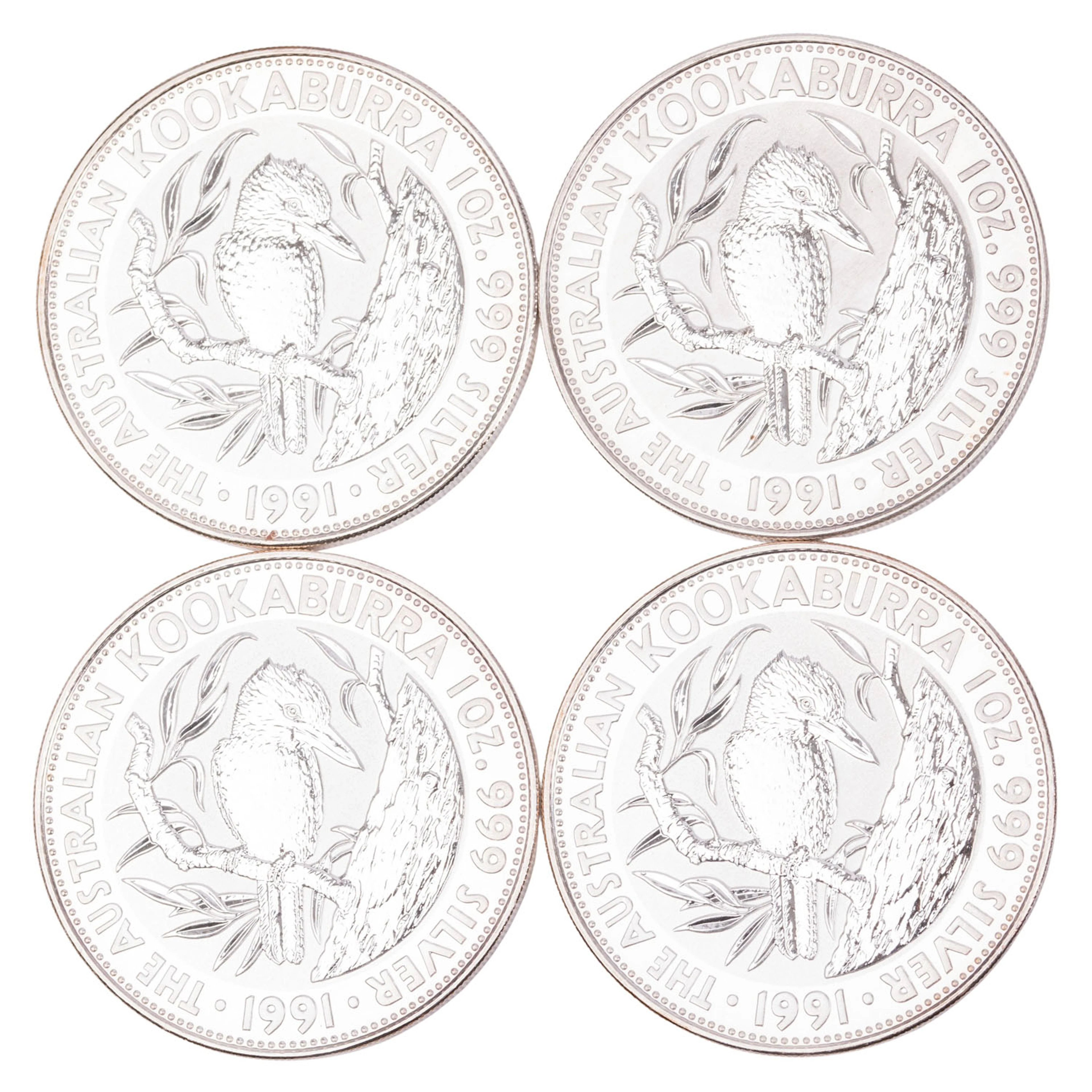 Australien/SILBER – 4 x 5 Dollars 1991, Kookaburra, je 1 oz