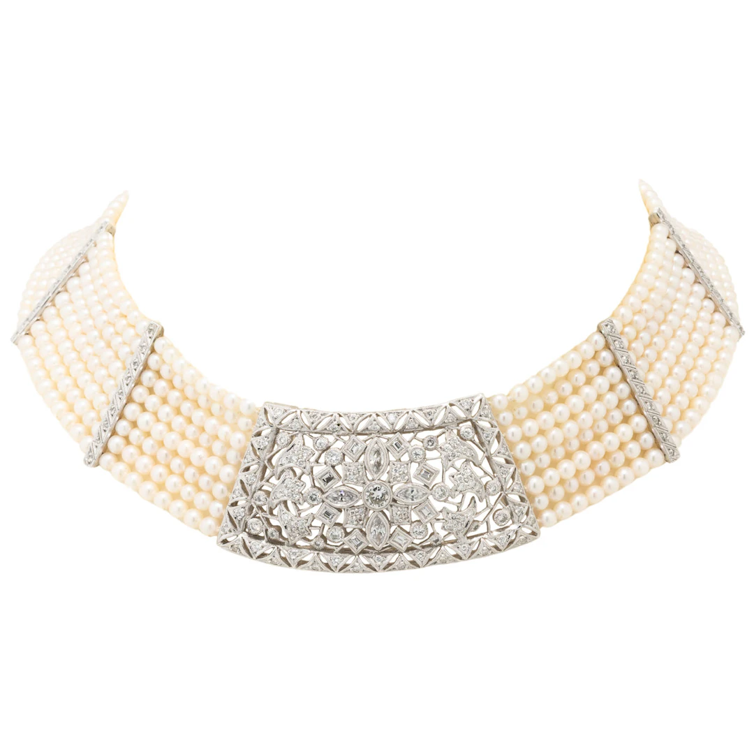 Collier de Chien aus Perlen mit Diamanten zus. ca. 3,6 ct