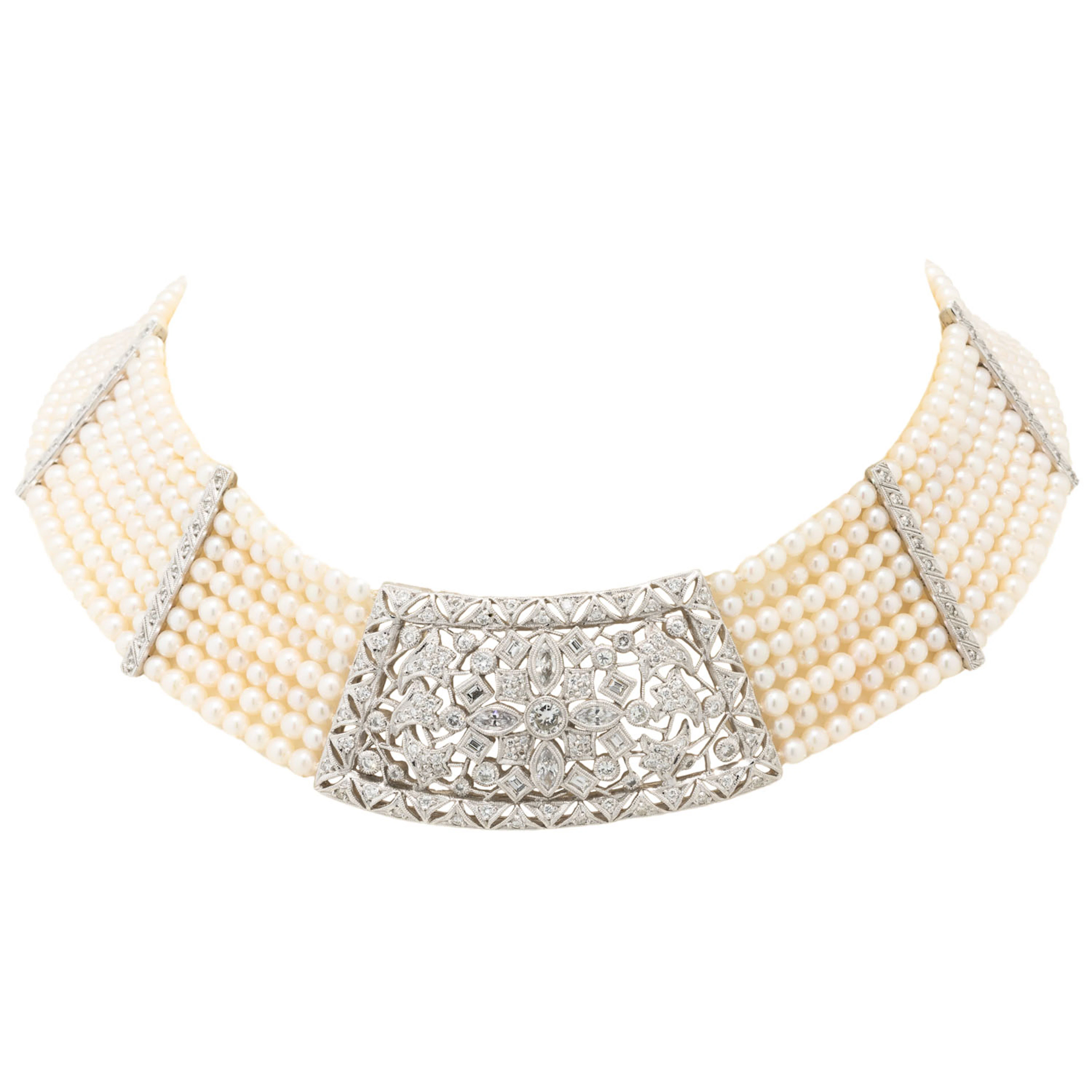 Collier de Chien aus Perlen mit Diamanten zus. ca. 3,6 ct