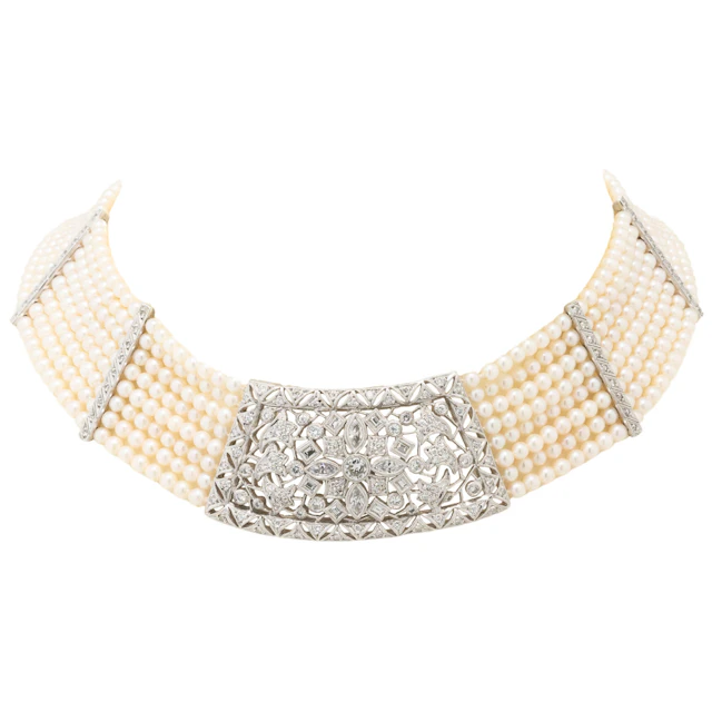 Collier de Chien aus Perlen mit Diamanten zus. ca. 3,6 ct