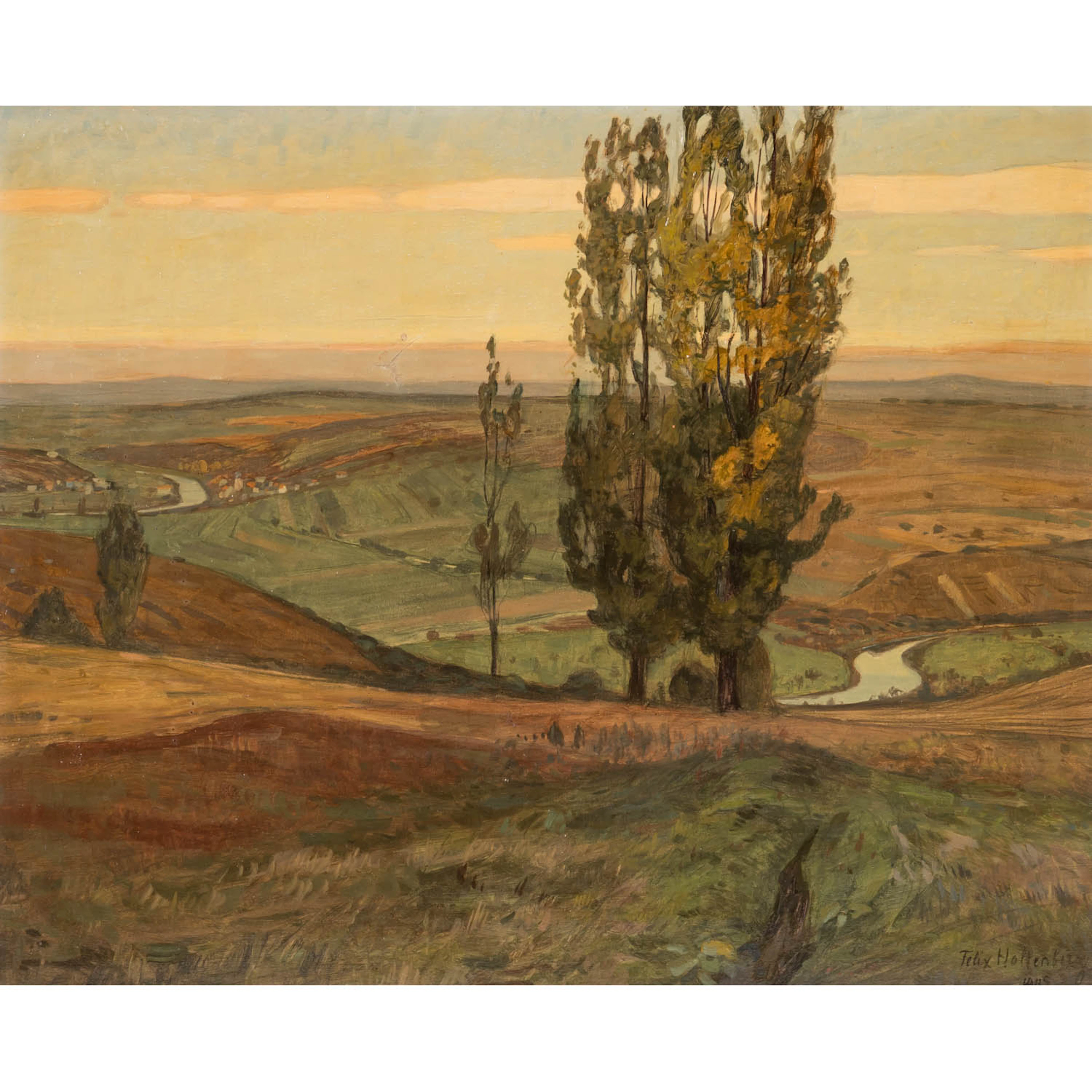 HOLLENBERG, FELIX (1868-1945) "Weite Flusslandschaft mit Pappeln im