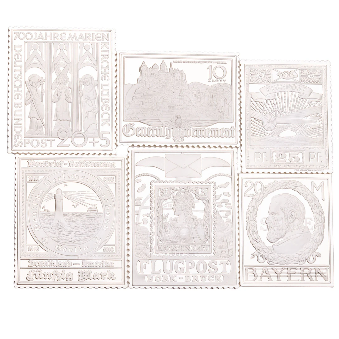 SILBER / 6 Medaillen, welche auf historischen, deutschen Briefmarken basieren