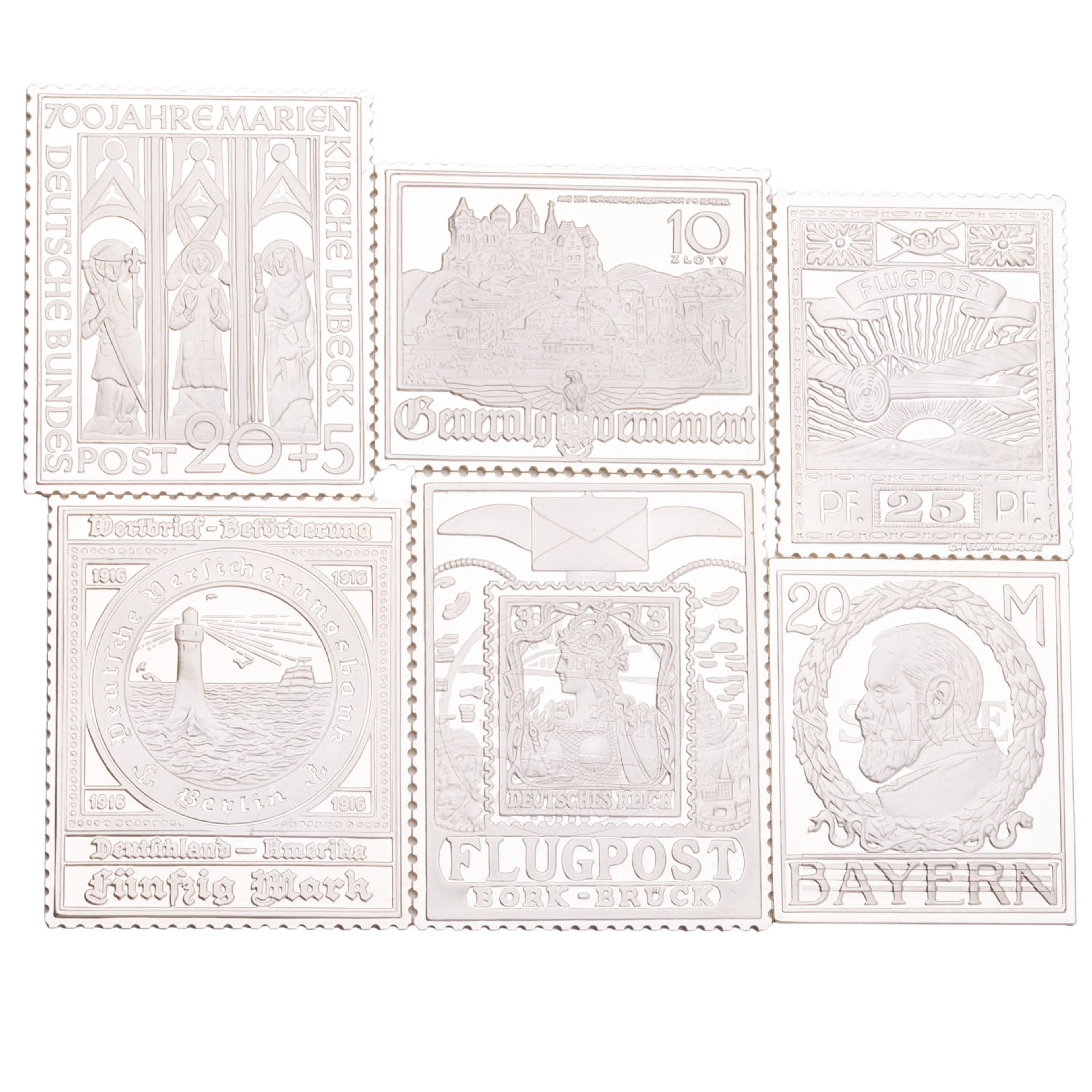 SILBER / 6 Medaillen, welche auf historischen, deutschen Briefmarken basieren