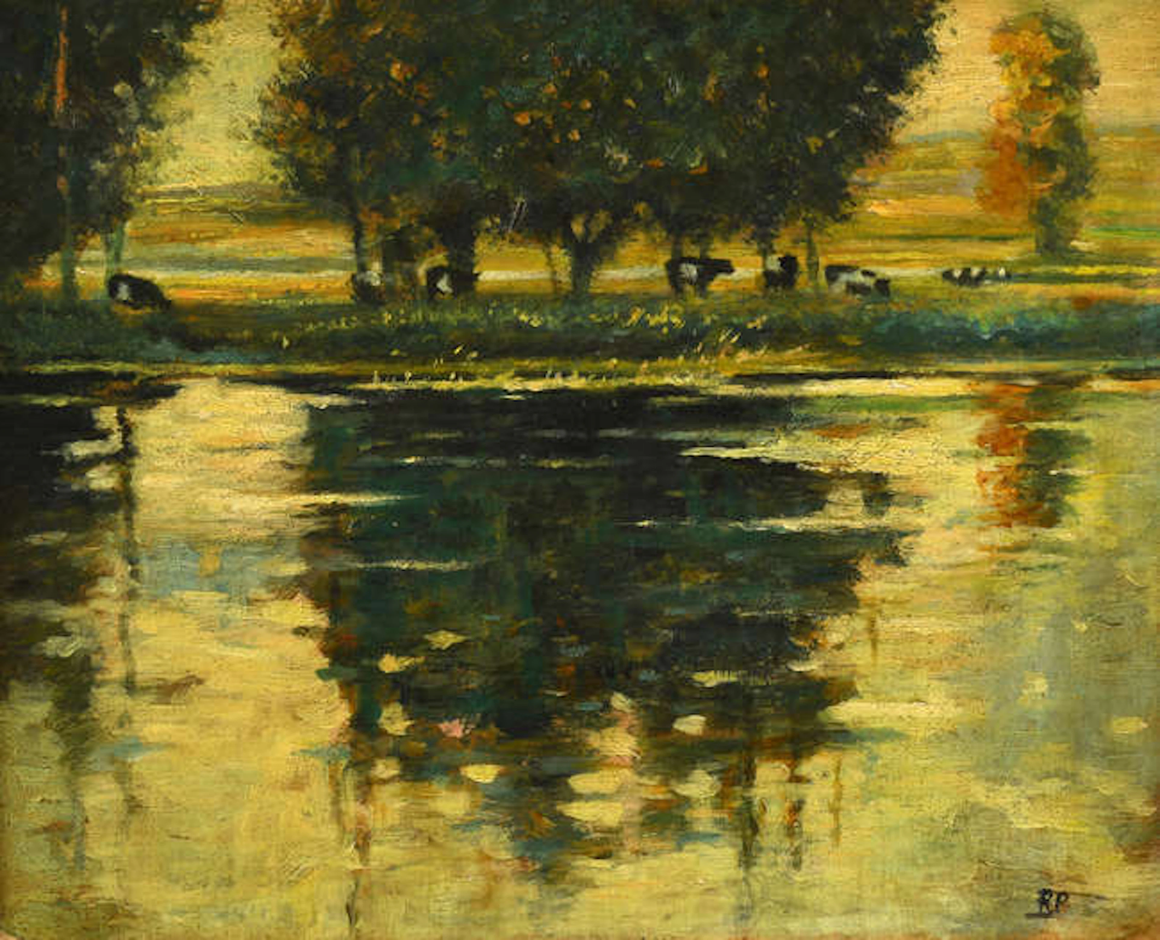 Bertram Priestman (British 1868-1951), cows grazing by a river with
