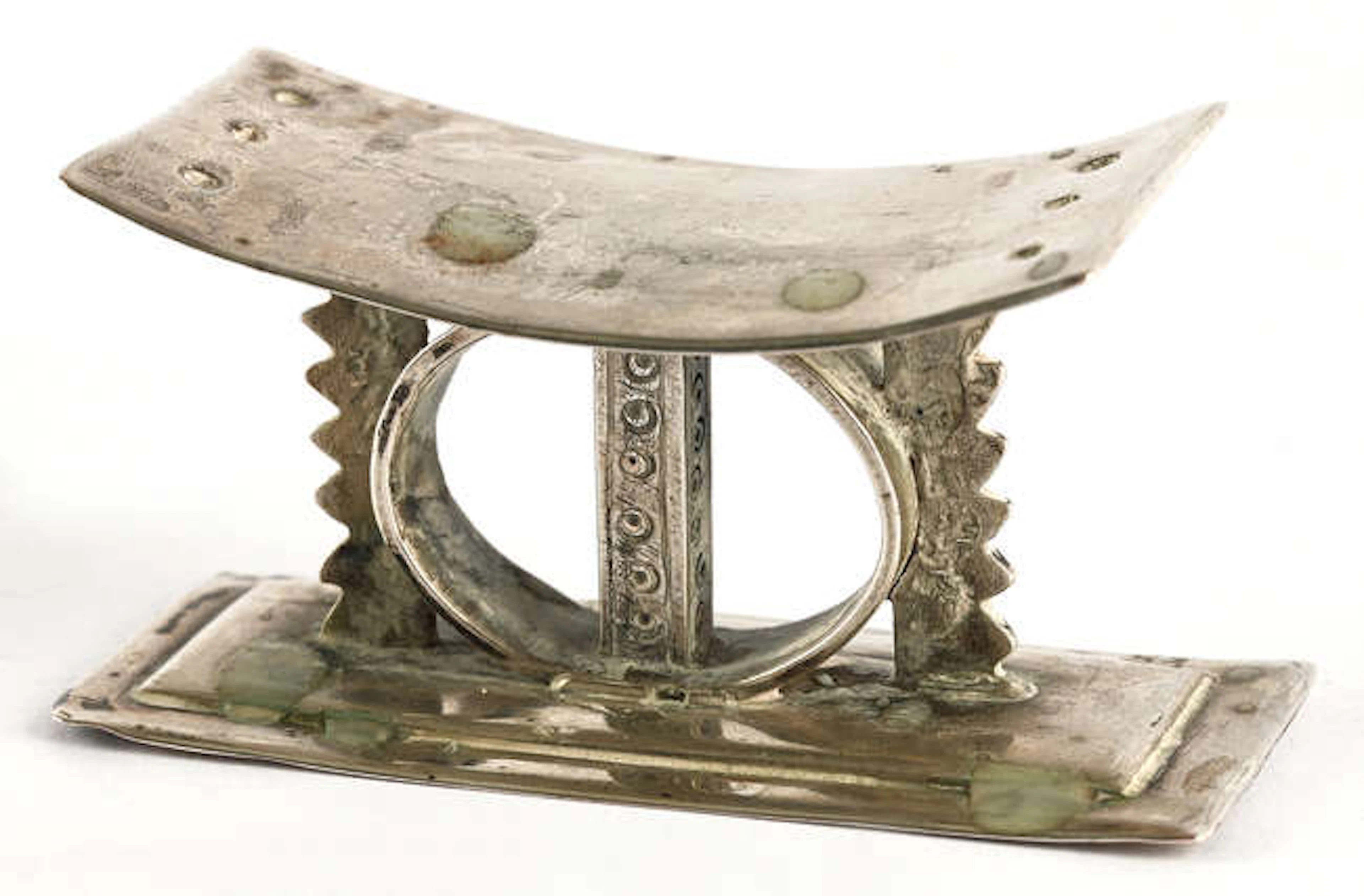 Miniature silver Ashanti stool or headrest, indistinct mark (tests