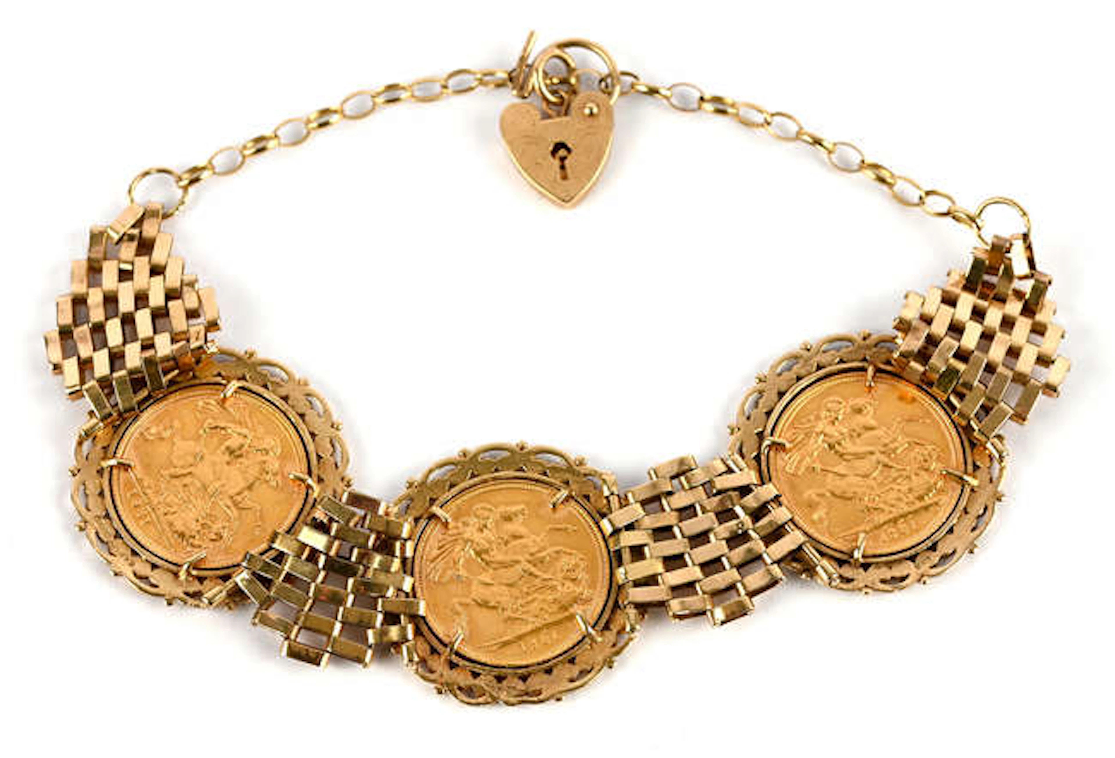 Vintage gold bracelet, set with three full sovereigns all 1981 with