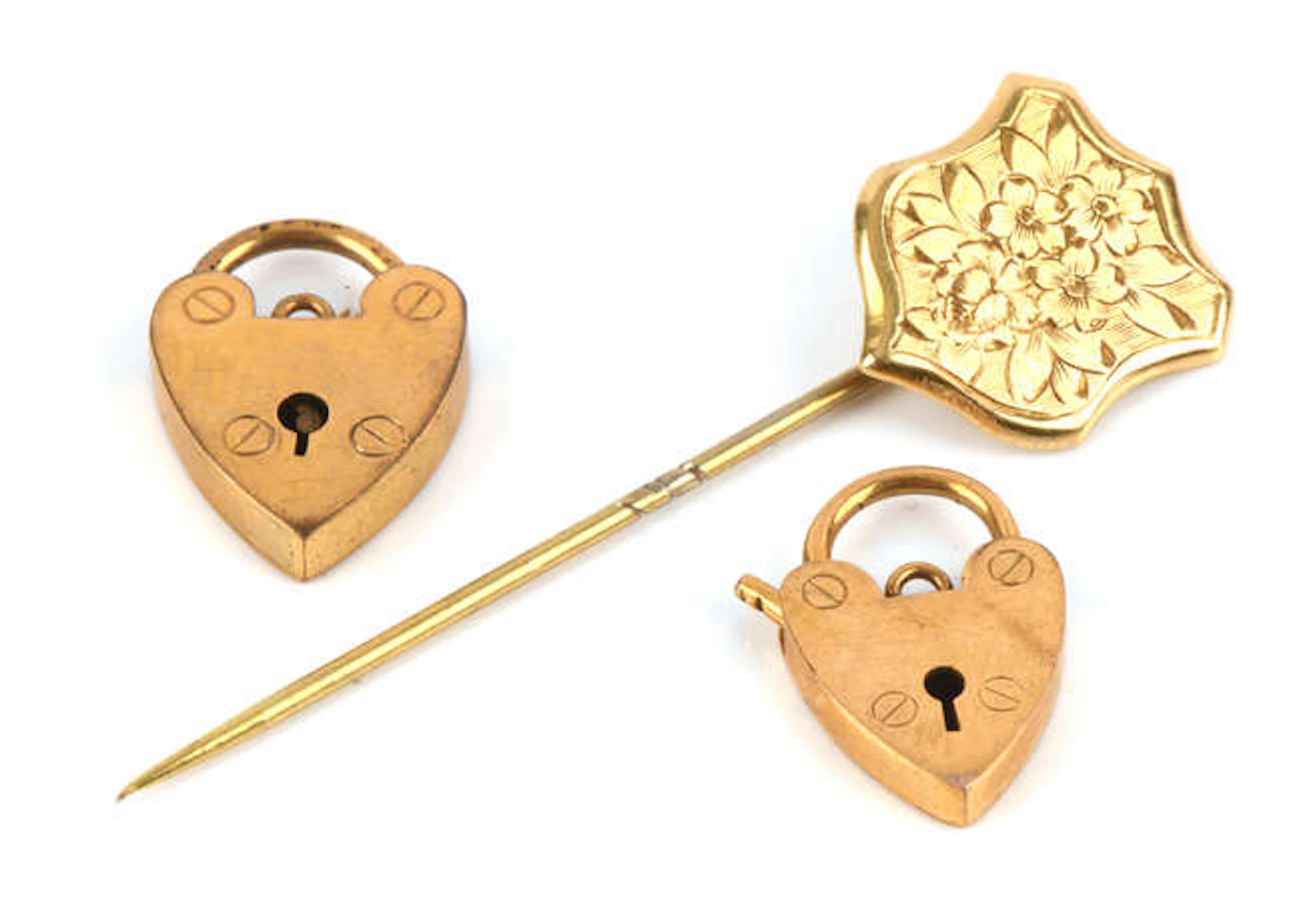 Stick pin and two heart padlock clasps, floral and foliate engraved