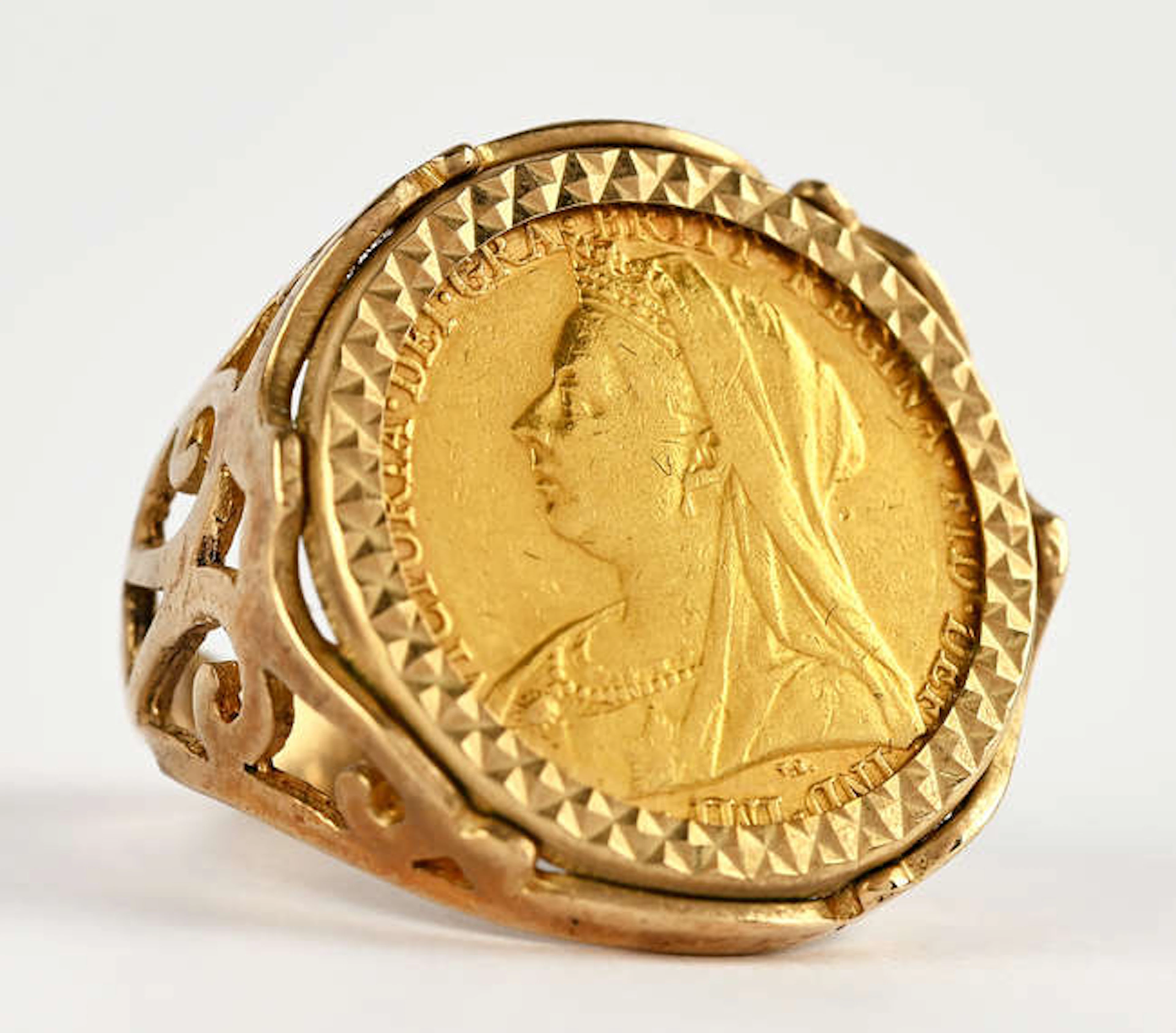 Victorian 1896 full sovereign ring, in pierced ring mount, hallmarked