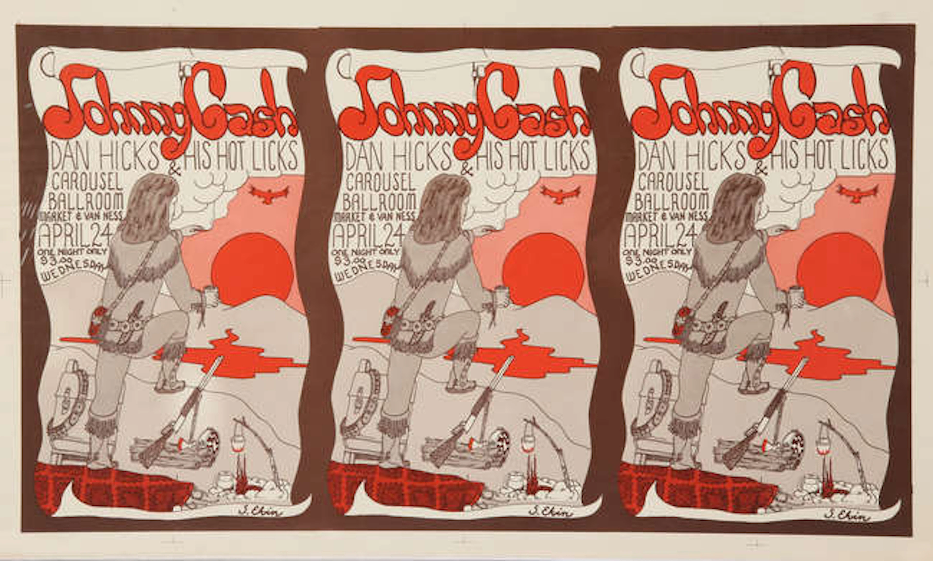 Johnny Cash - Lithograph concert poster, 1968, by S. Elvin. Frontier