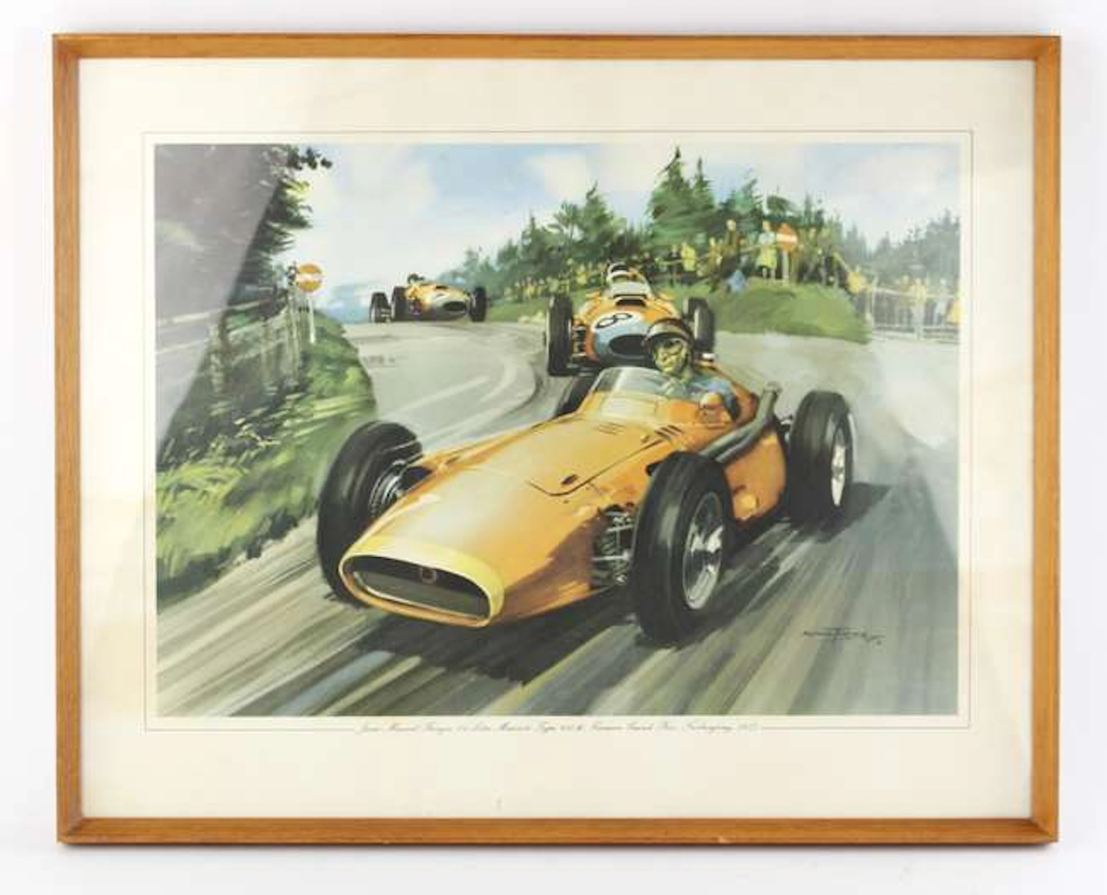 Vintage wood framed print of Juan Manuel Fangio 2.5 litre Maserati