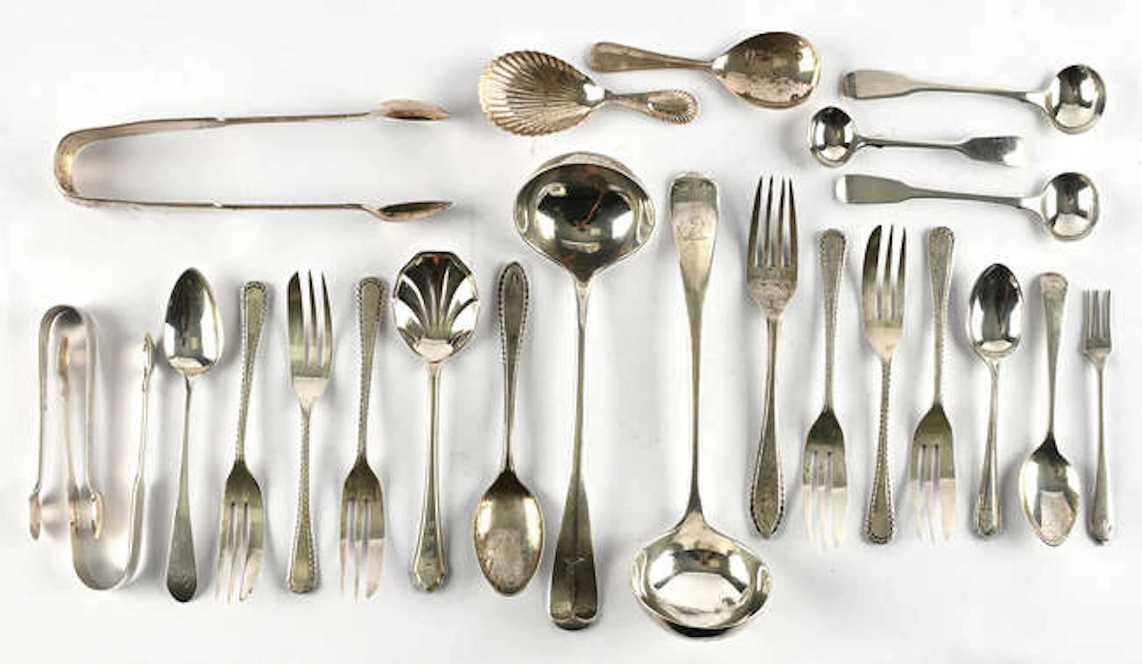 Mixed lot of spoons, forks and tongs, to include Newcastle tea spoon
