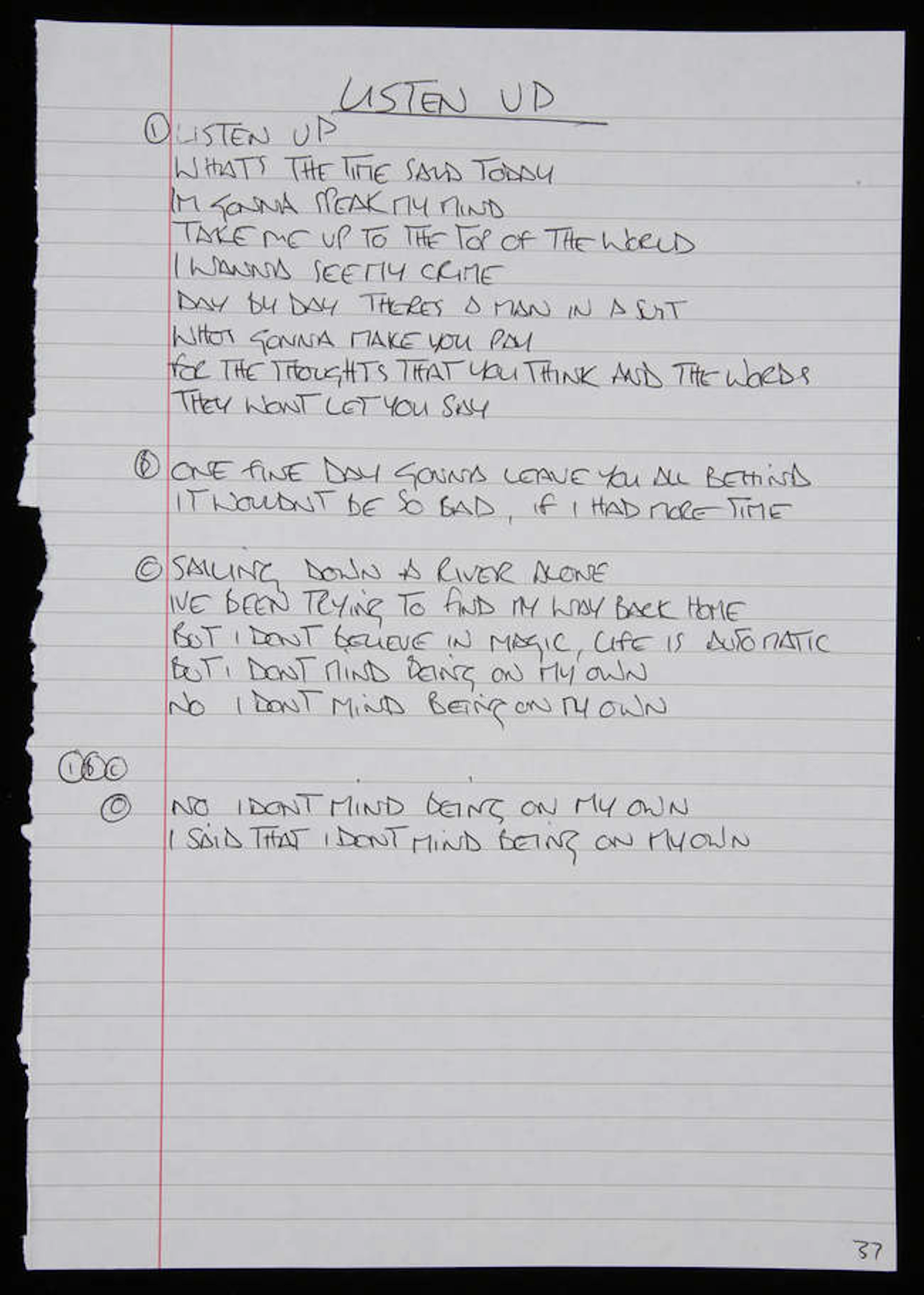 Oasis - 'Listen Up' handwritten lyrics, this specific item was not