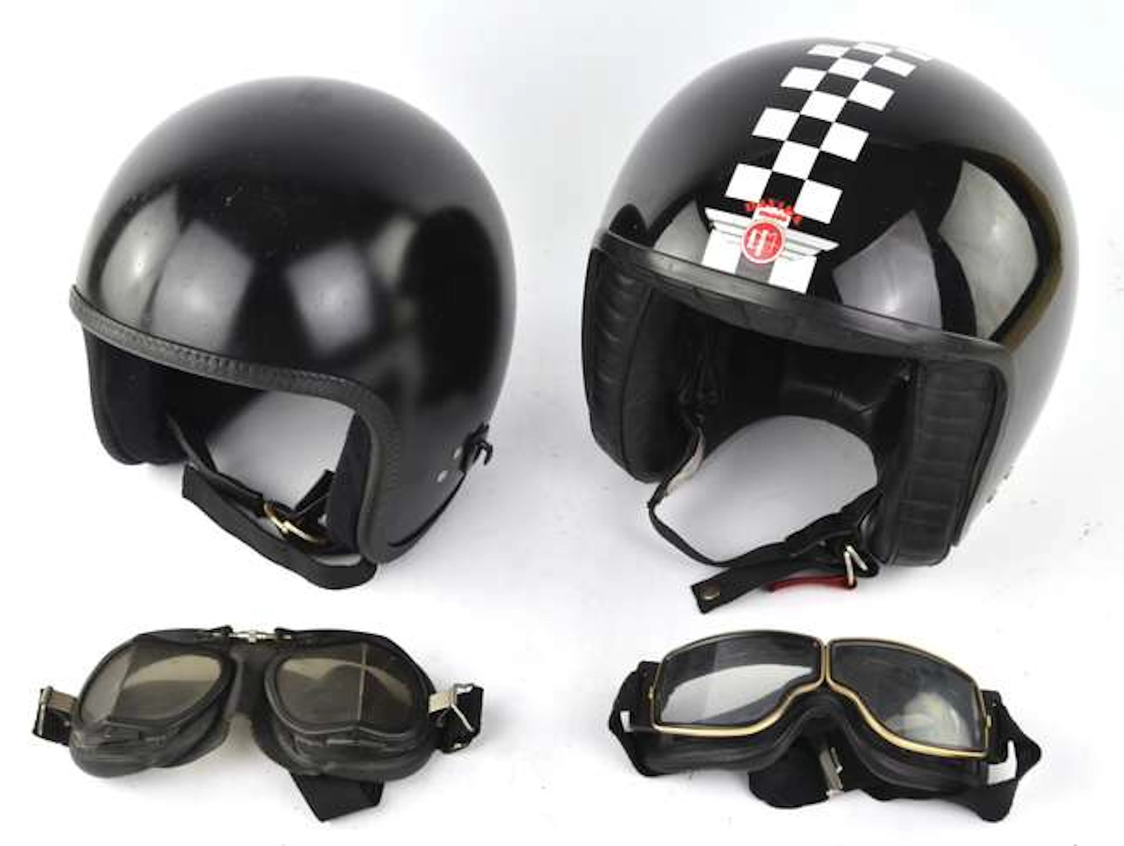 A Pair of Davida Open Faced Motorcycle crash helmets. Davida Jet size