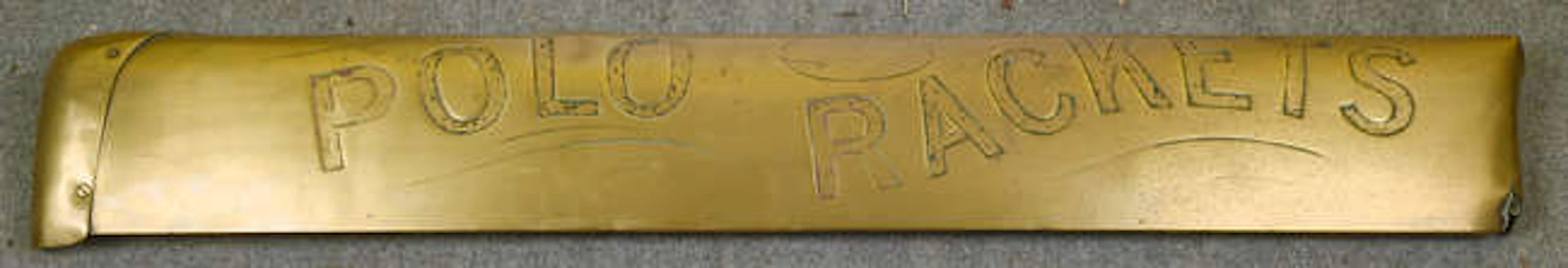 Brass & timber backed " Polo Racquets " advertising/display board, 140cm long