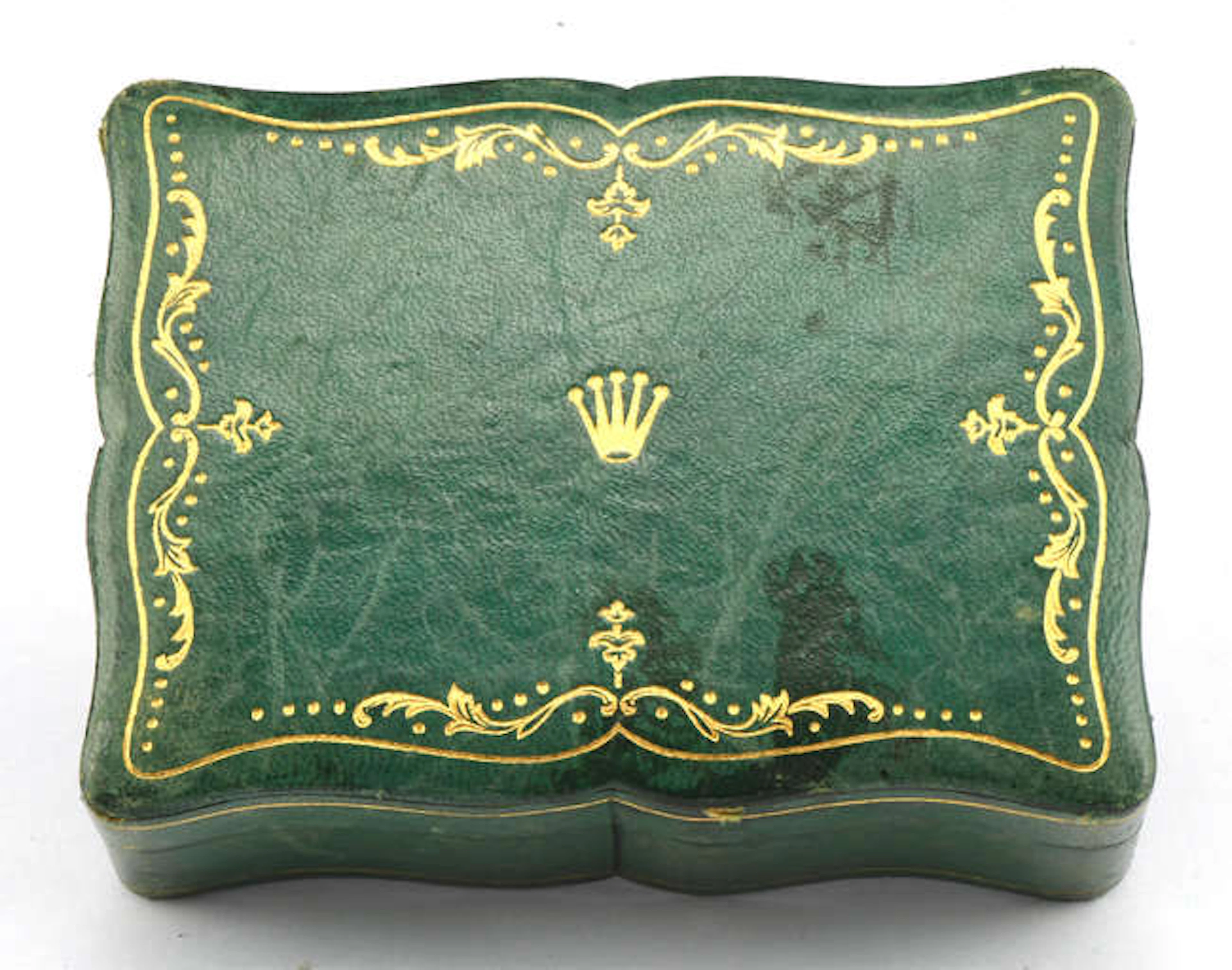 Rolex watch box in green with embossed leather top and wood lined