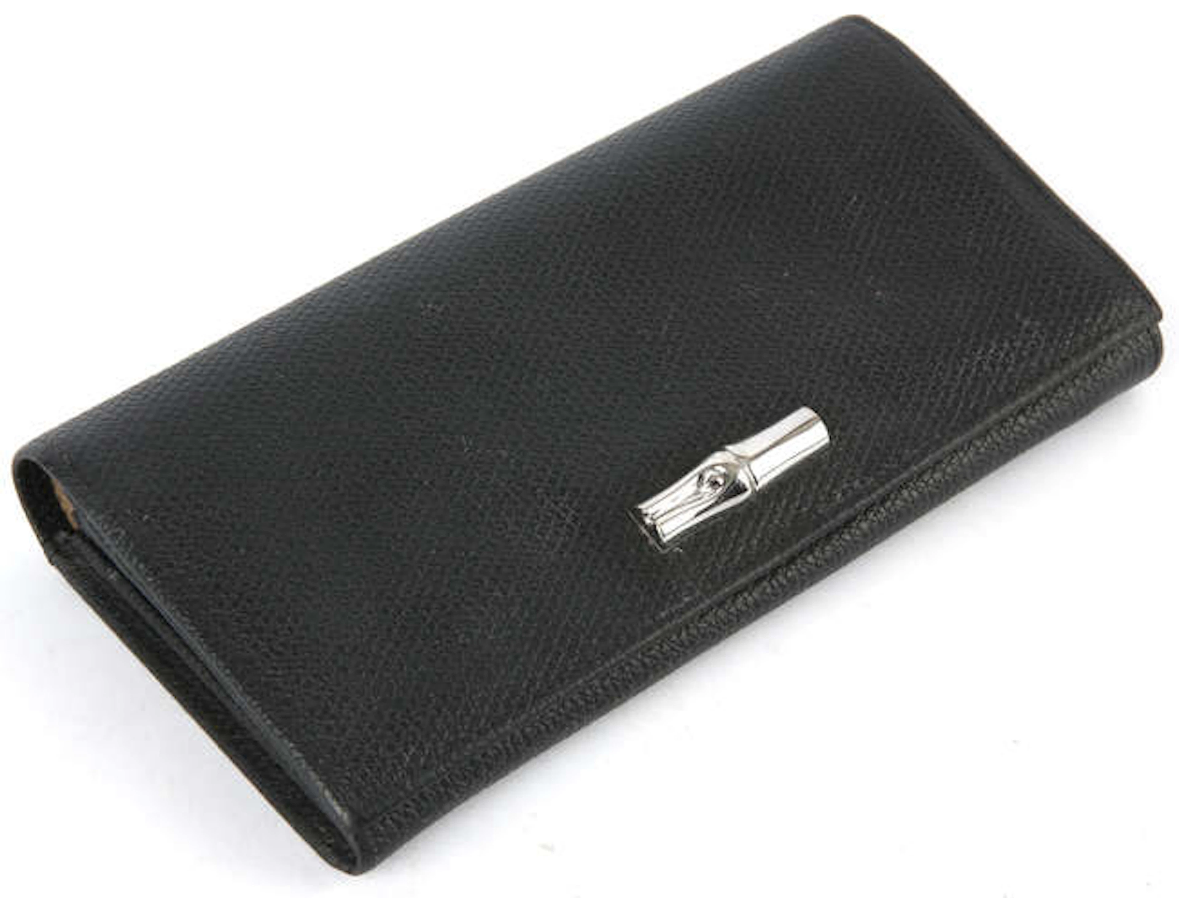 LONGCHAMP Black leather bi-fold purse with silver coloured bamboo