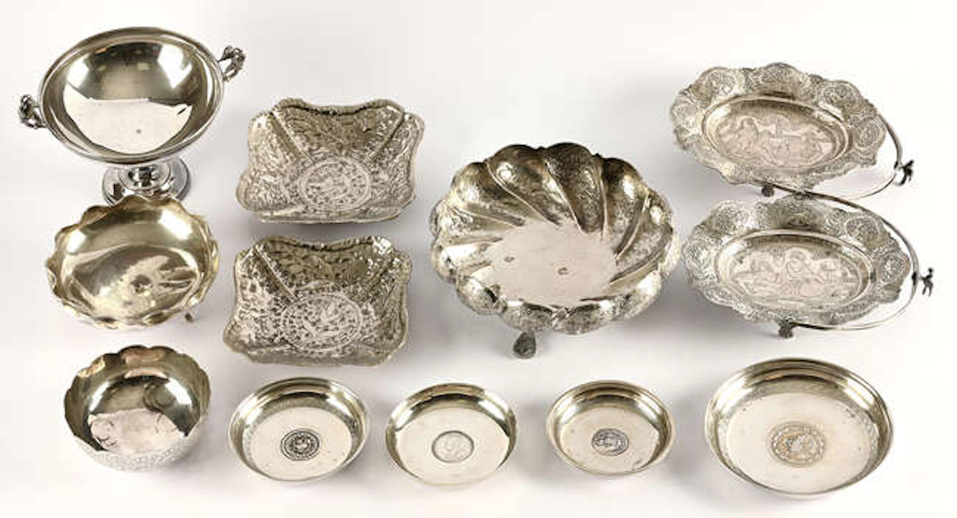 Turkish silver, pedestal sweetmeat bowl with swan handles, marked