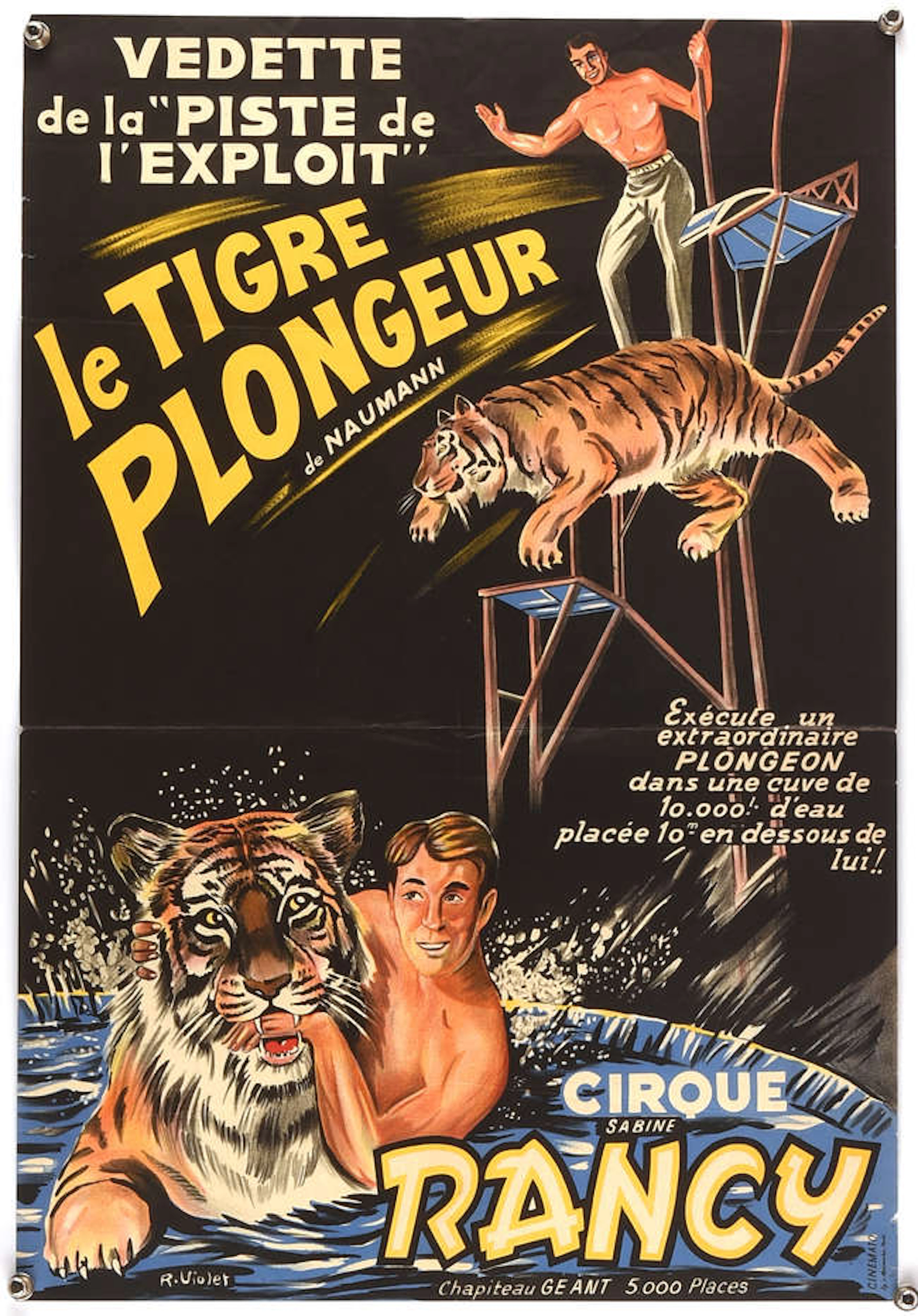 Le Tigre Plongeur de Naumann vintage French circus poster, folded