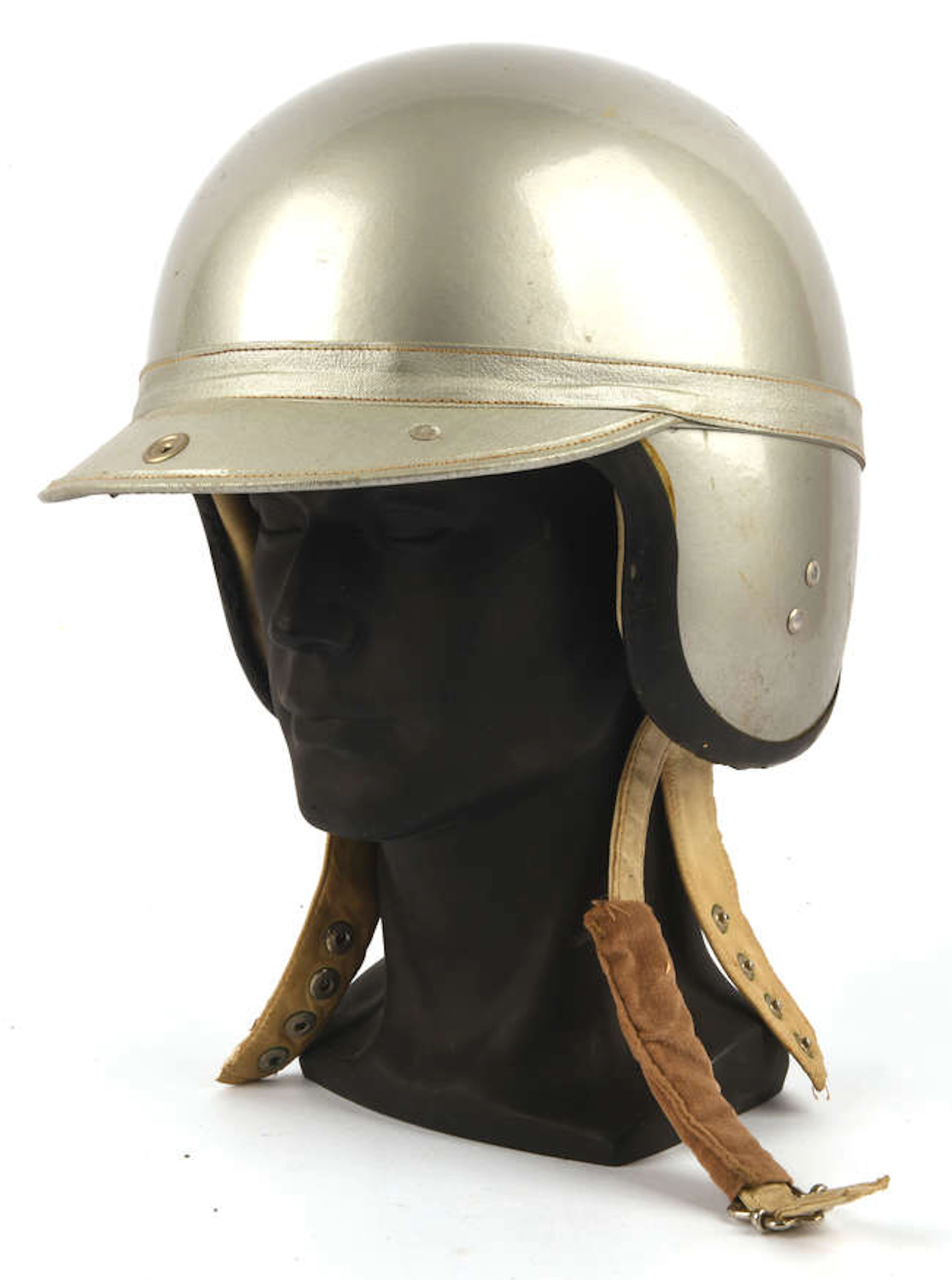 A Original Les Leston "Grand Prix" Crash Helmet. Silver-paint finish