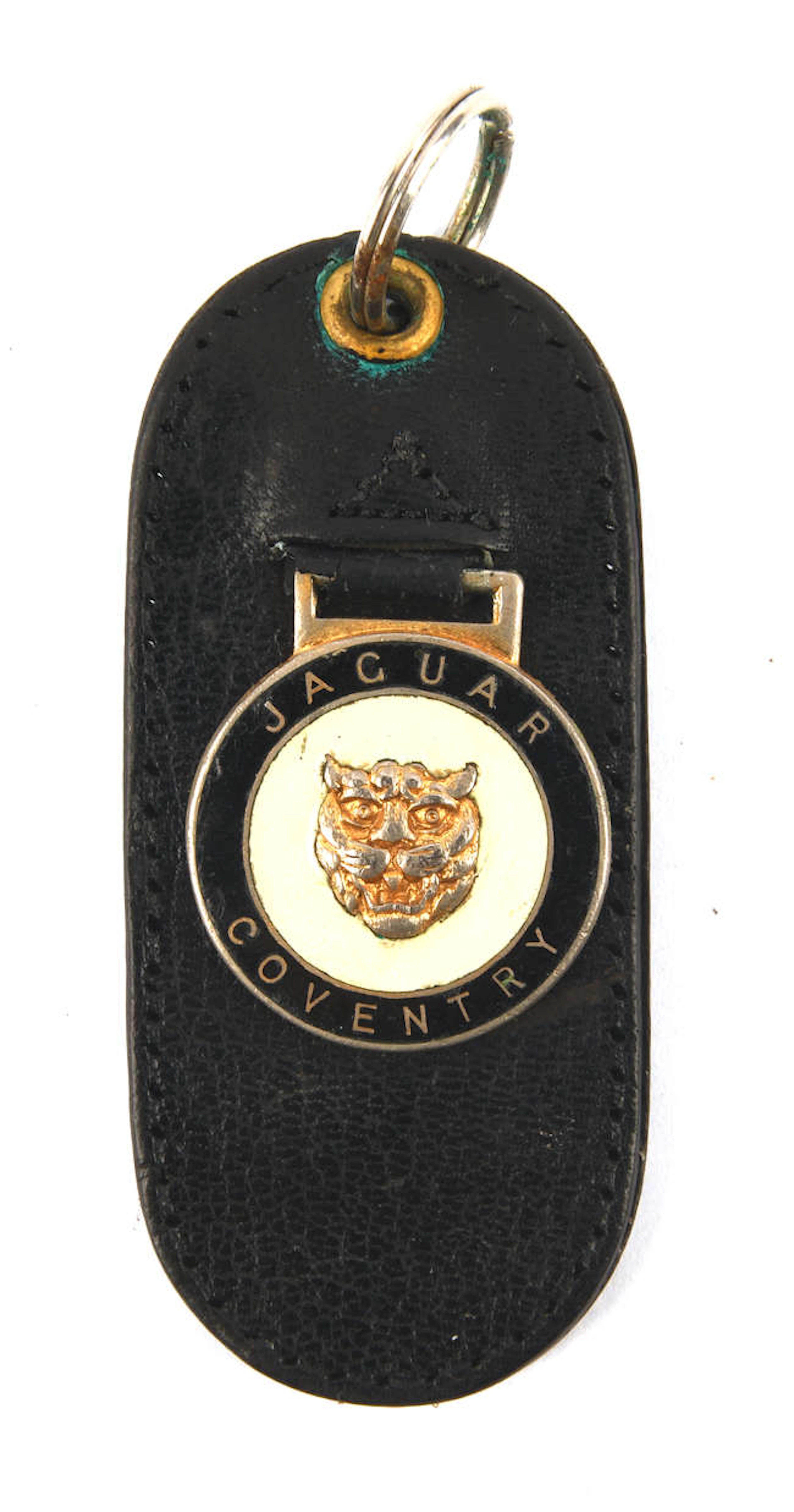 A rare vintage Jaguar cream Enamel leather keyring badge. CUD Jaguar