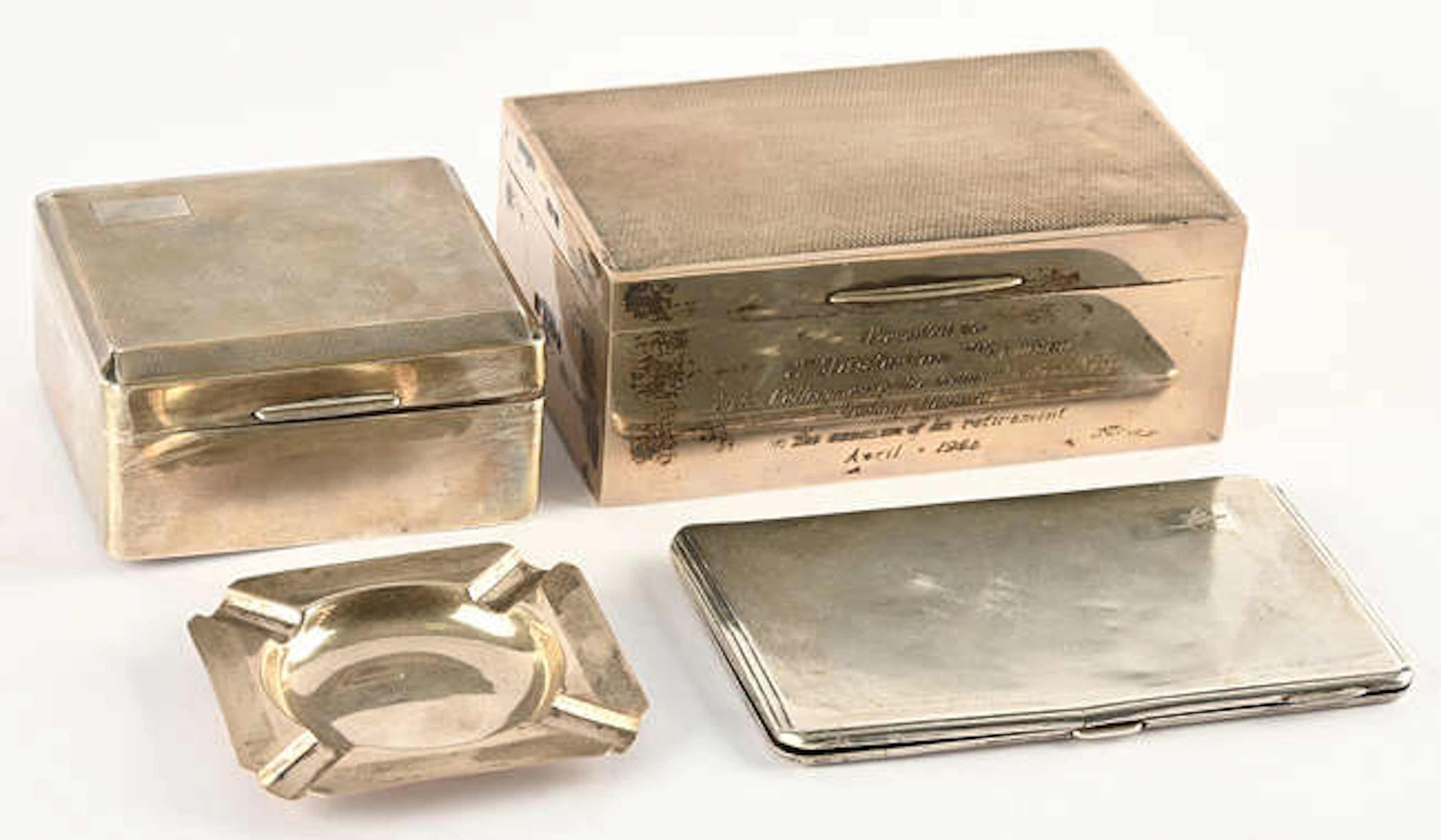 Engine turned cigarette box, another with a presentation inscription