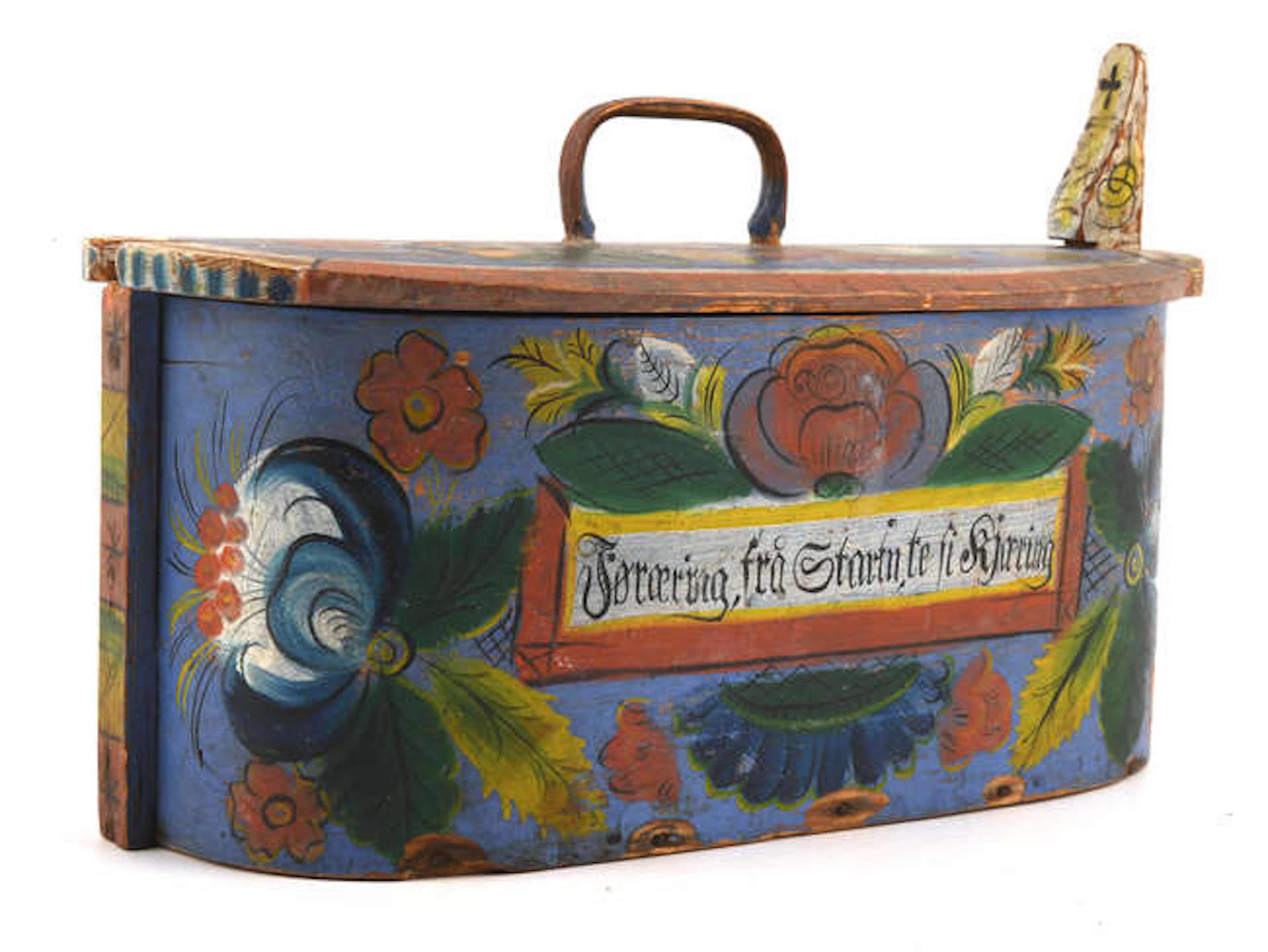 A Scandinavian painted bentwood pine box, floral decorated on a blue