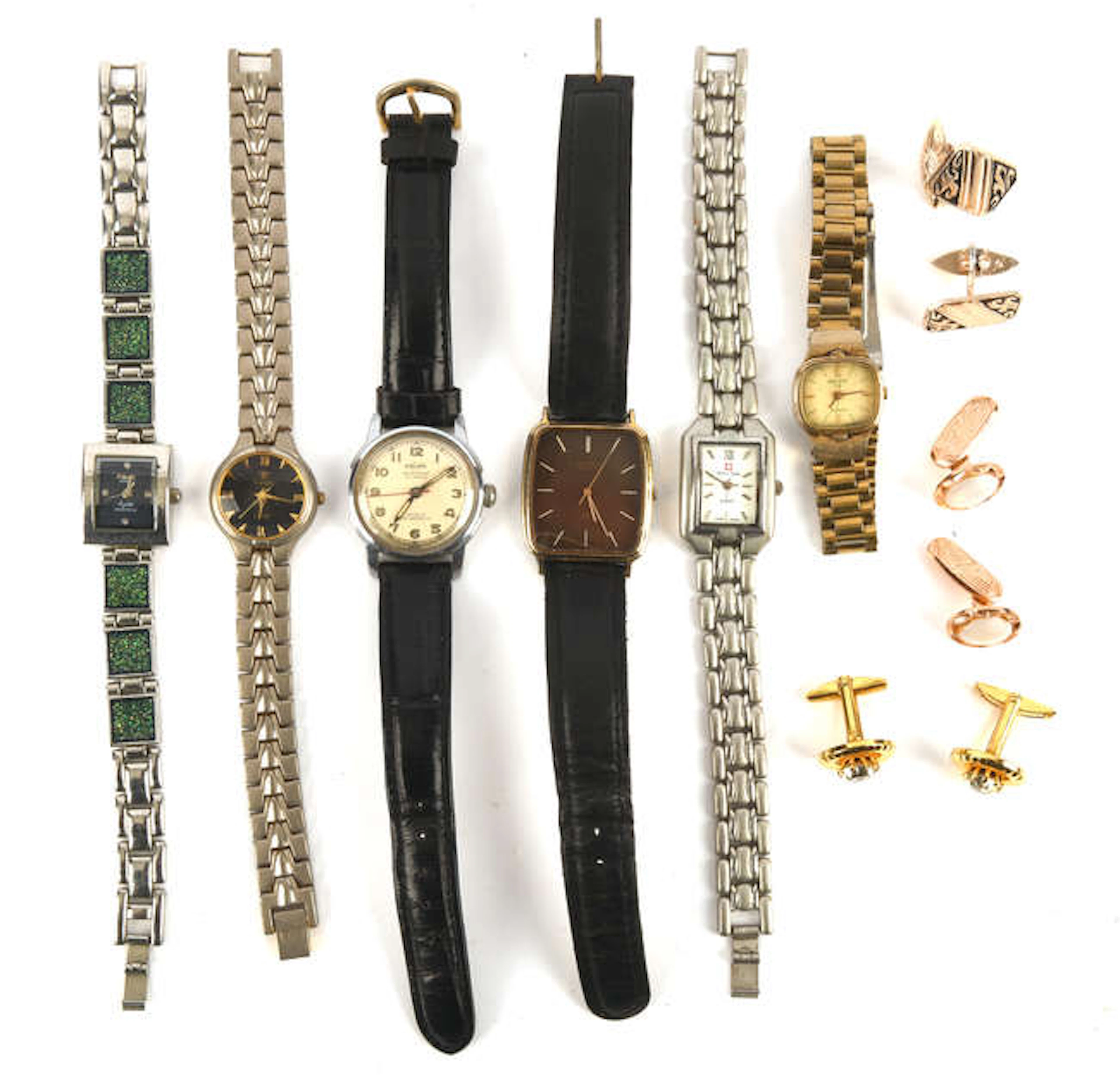 Six fashion watches and three pairs of cufflinks, including a Enicar