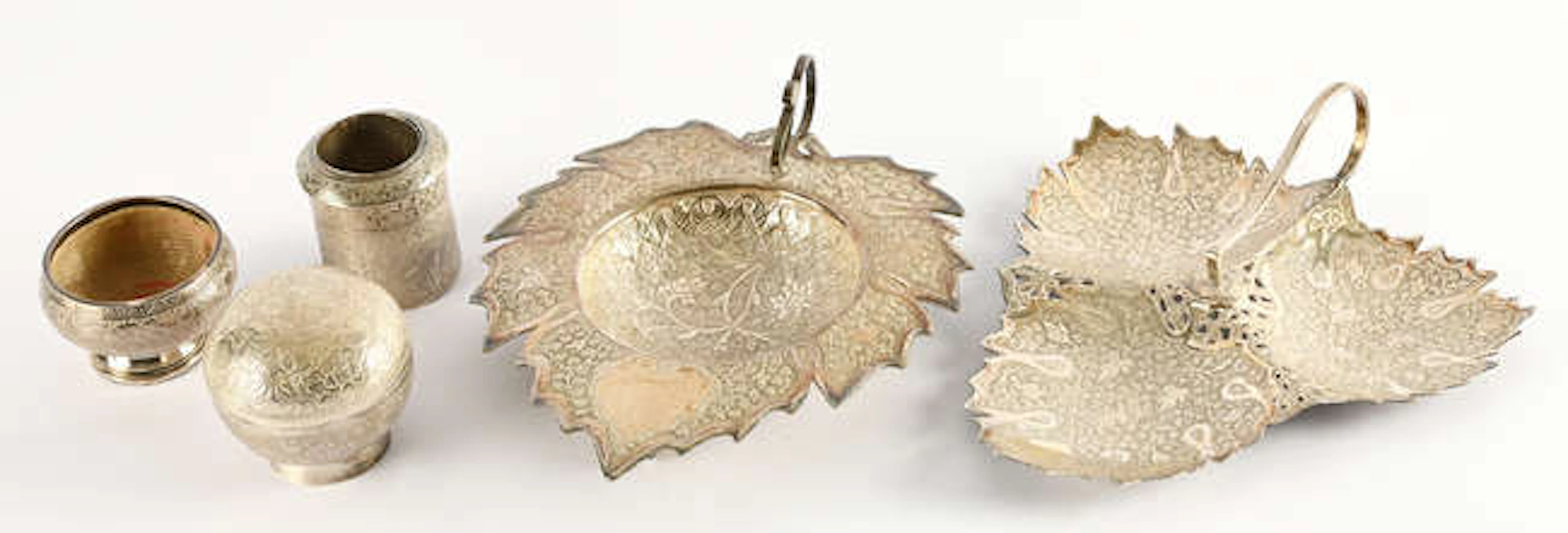 Chinese white metal circular covered bowl, a similar bowl and another
