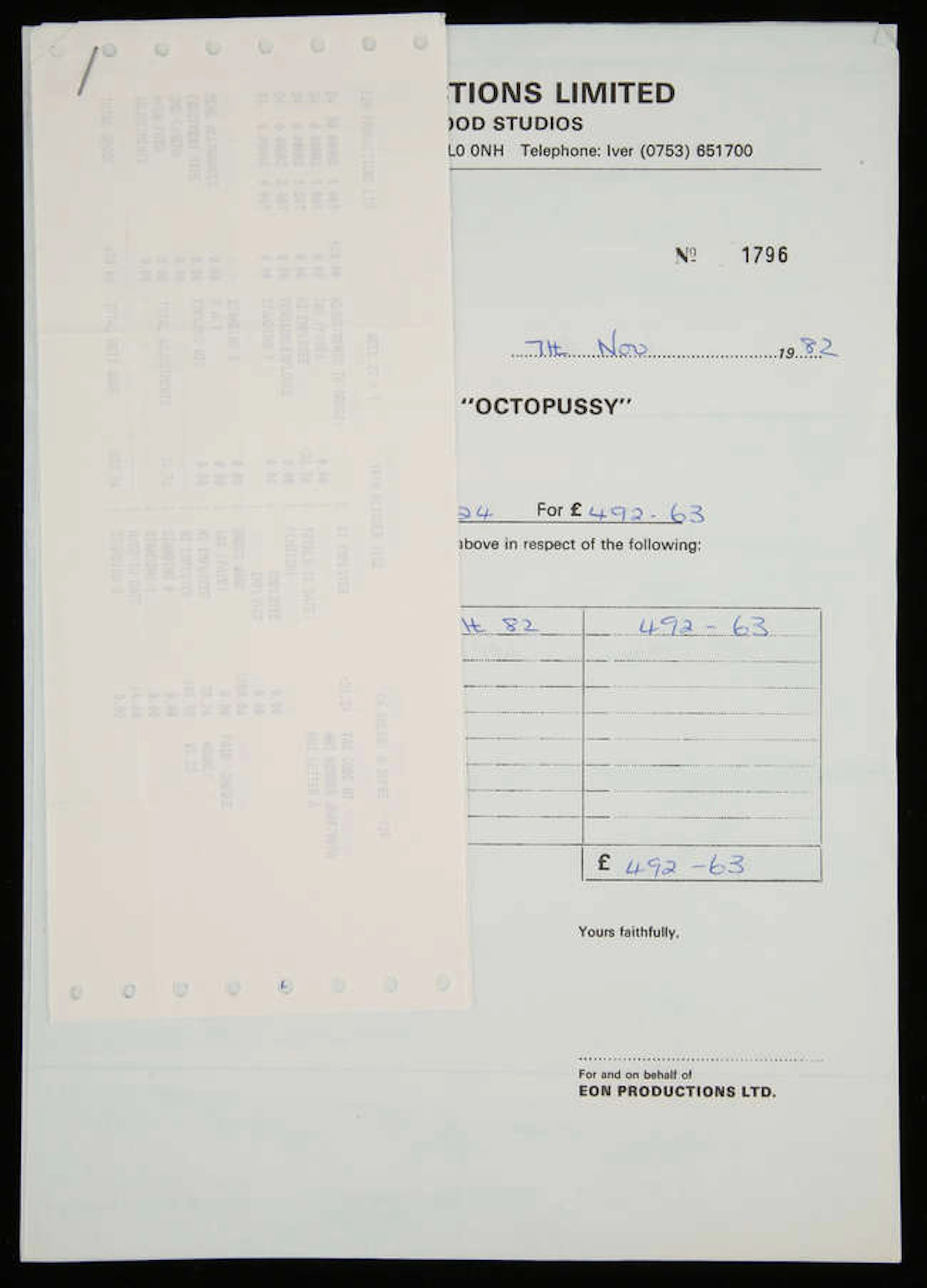 James Bond: Octopussy (1983). Three pages of overtime sheets and payslips