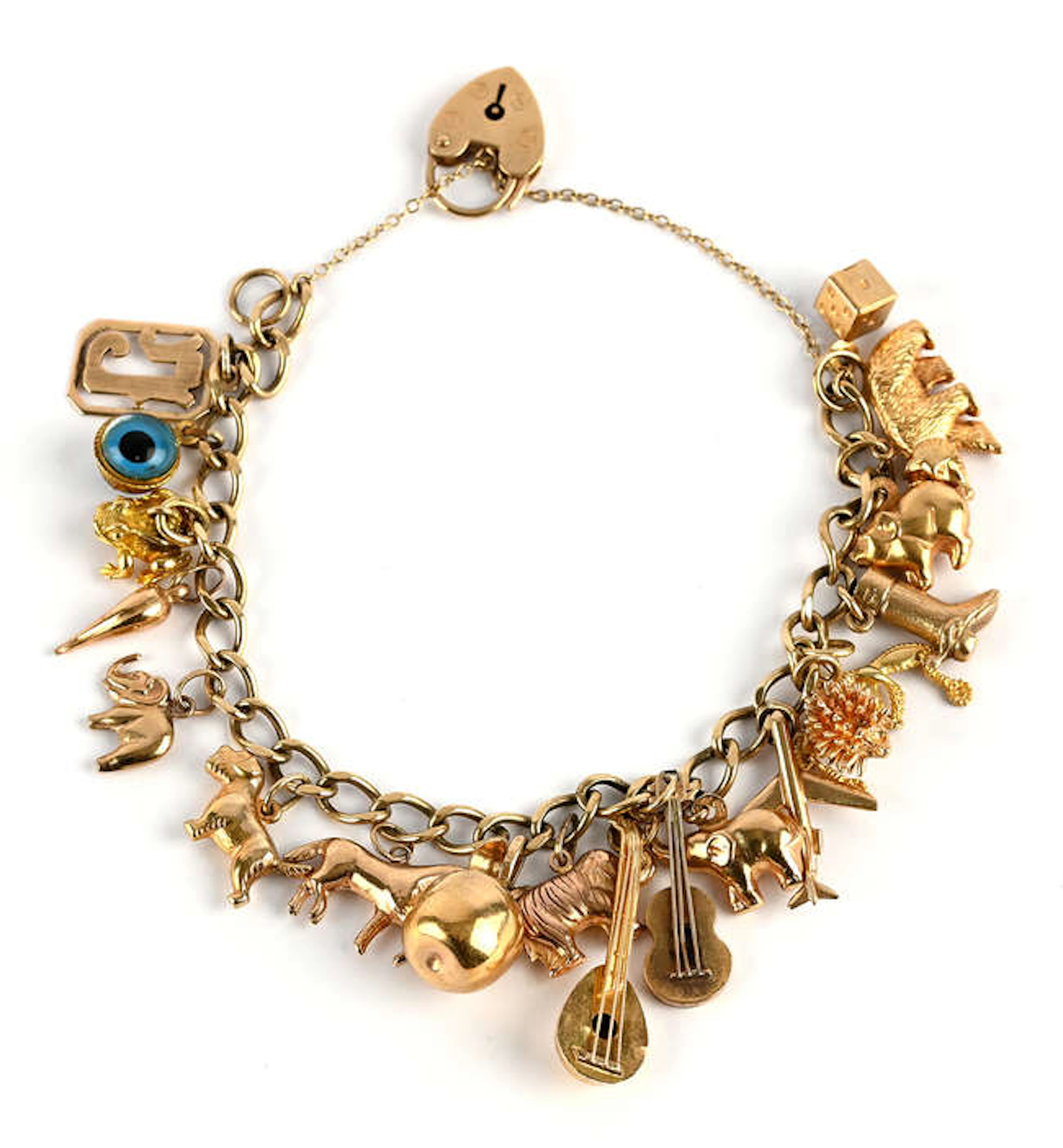 Charm bracelet, with 19 charms comprising of a frog stamped 18 ct