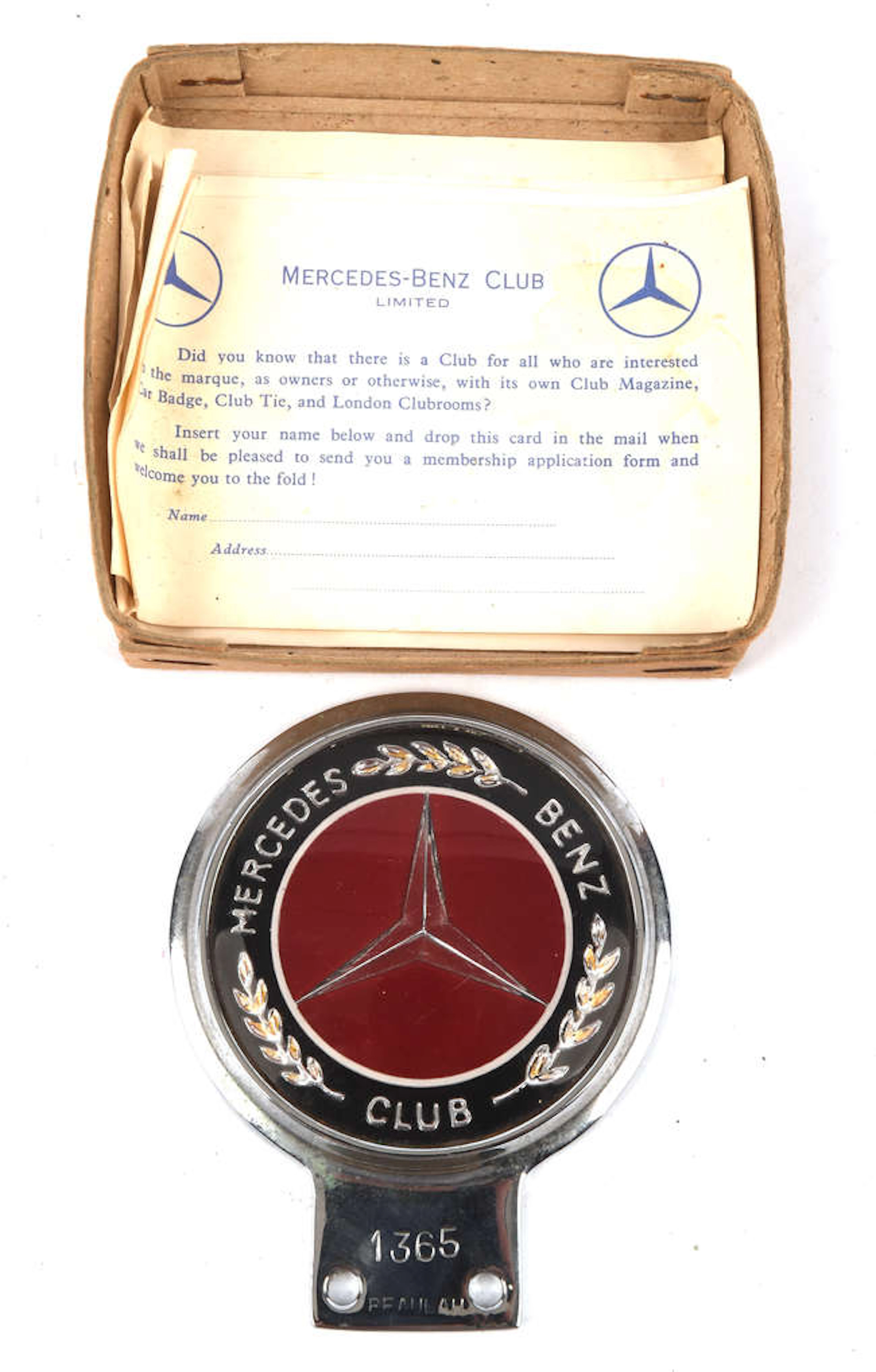 Mercedes-Benz Club Bonnet Badge. Number 1365.