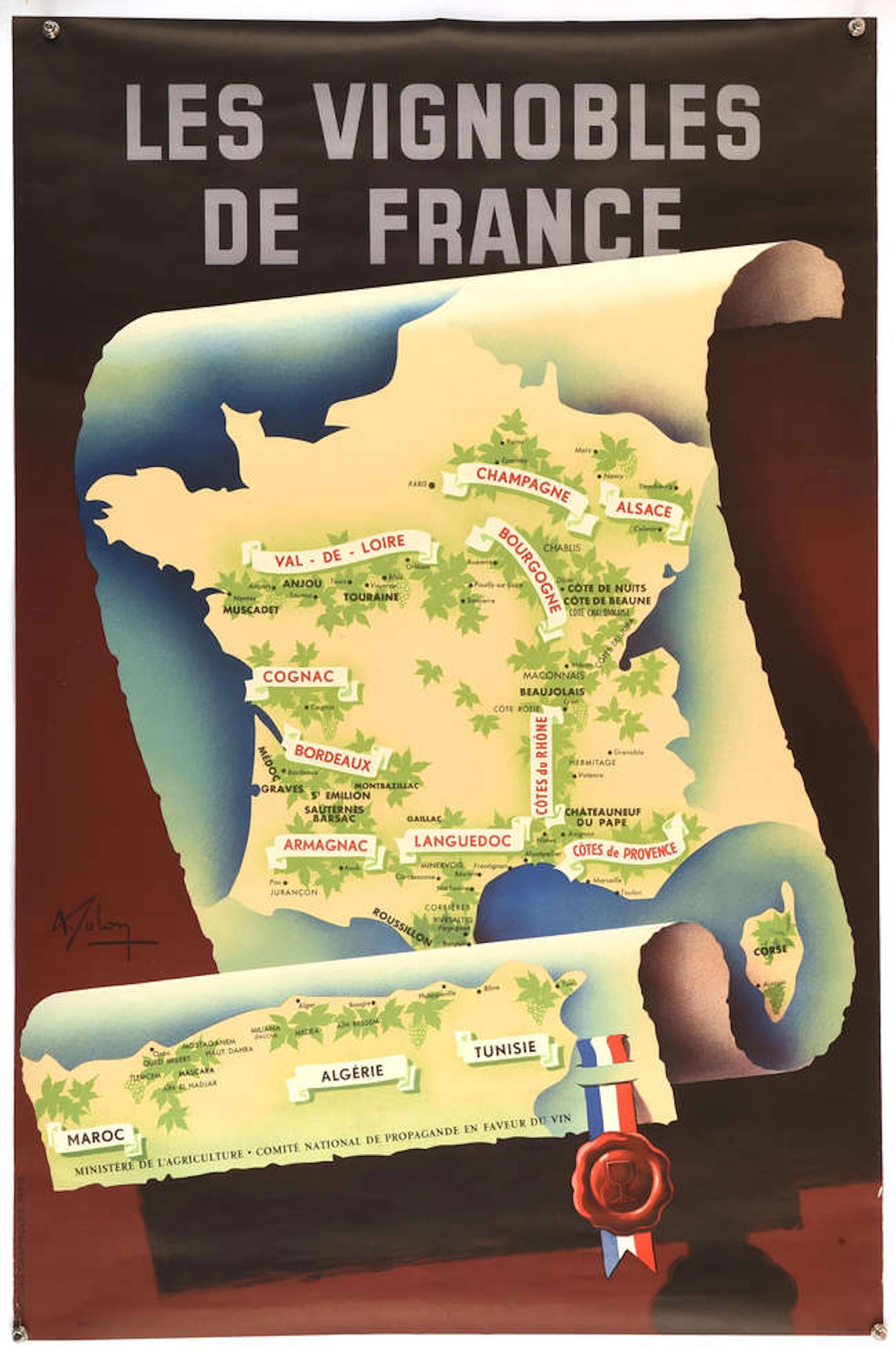Les Vignobles De France, poster detailing the wine making regions