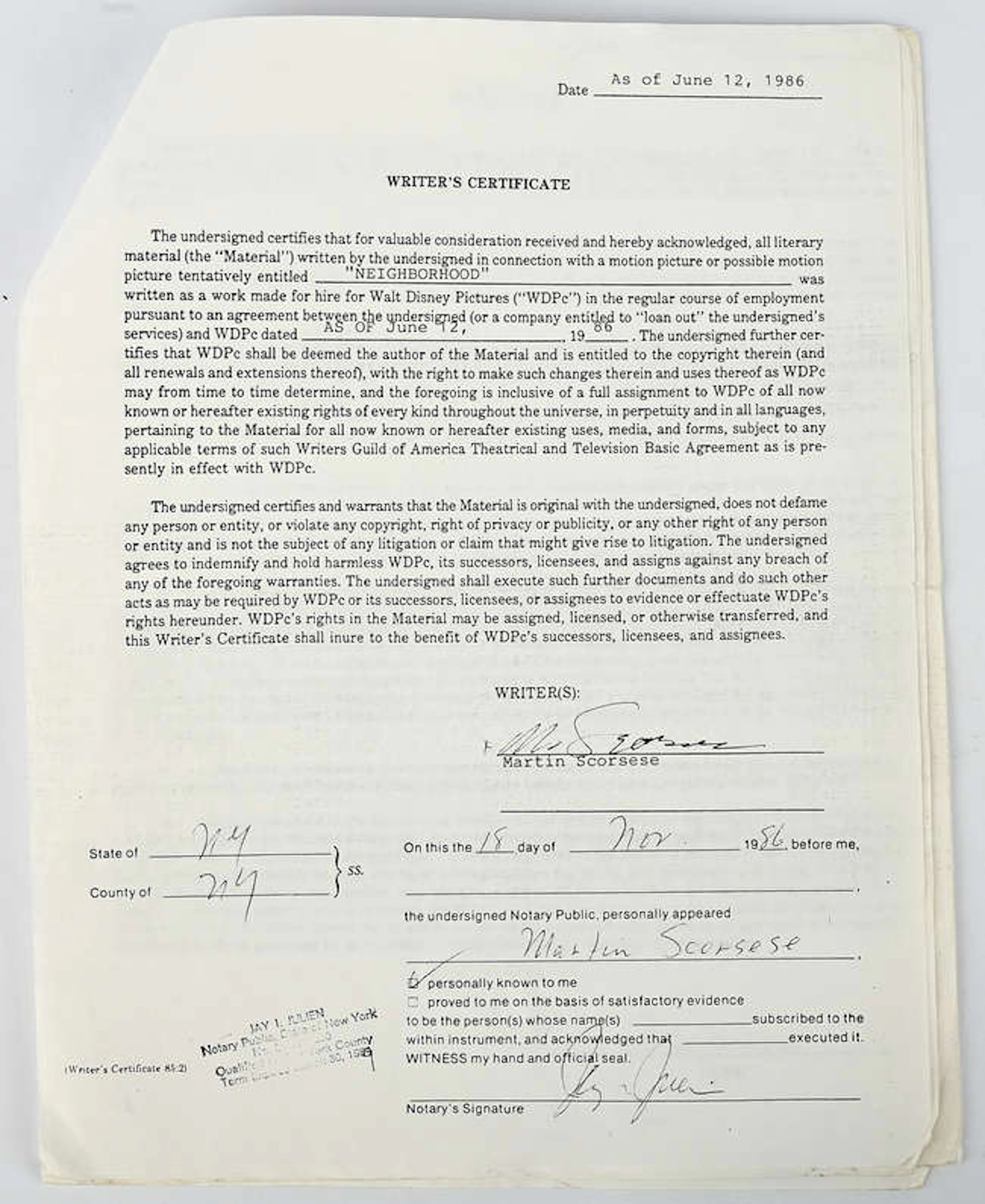 Martin Scorsese: A copy of a Typescript Contract between the film