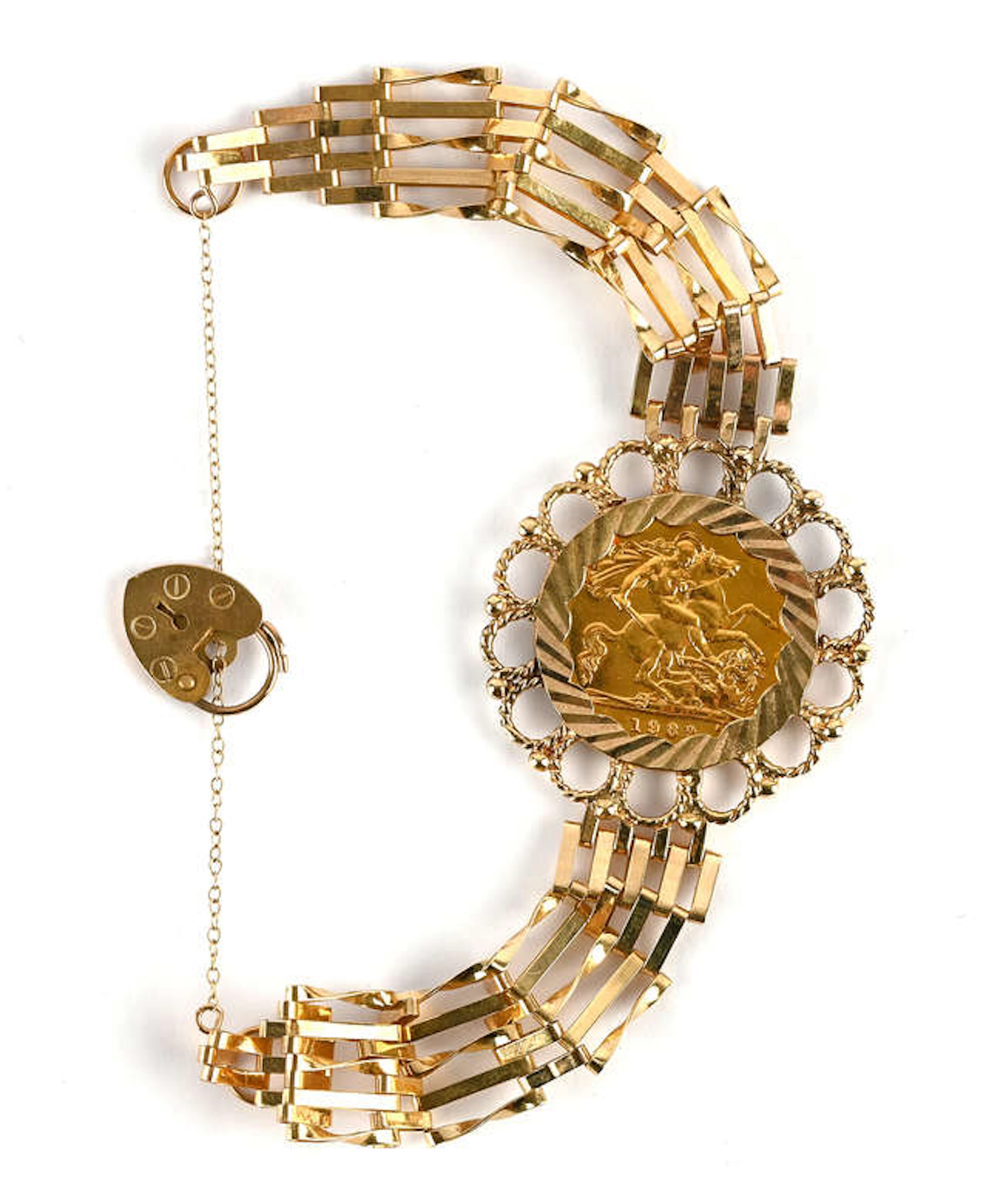 1982 half sovereign bracelet set in a coin mount and gate bracelet