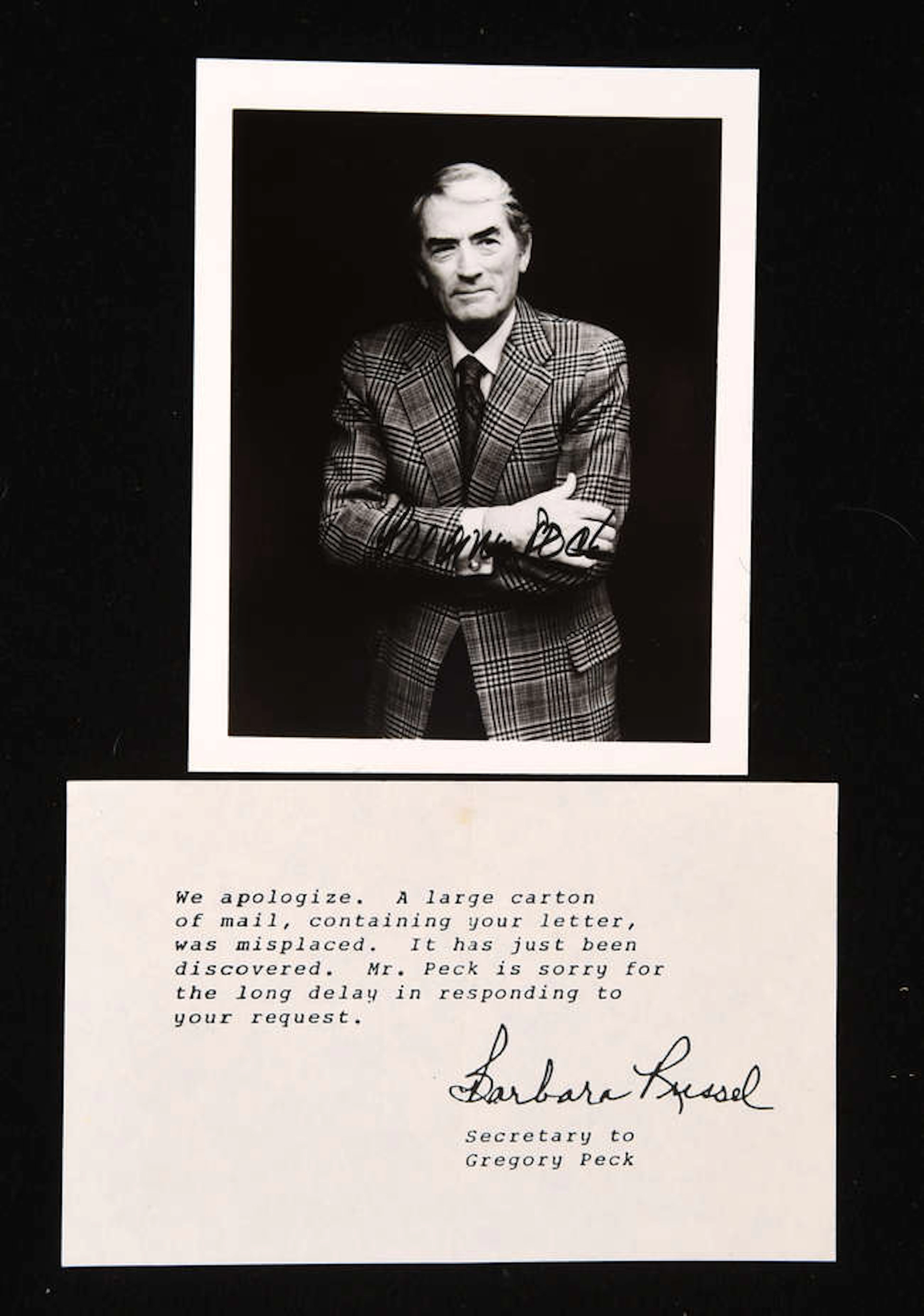 Gregory Peck (1916 -2003) black and white photograph, signed in black