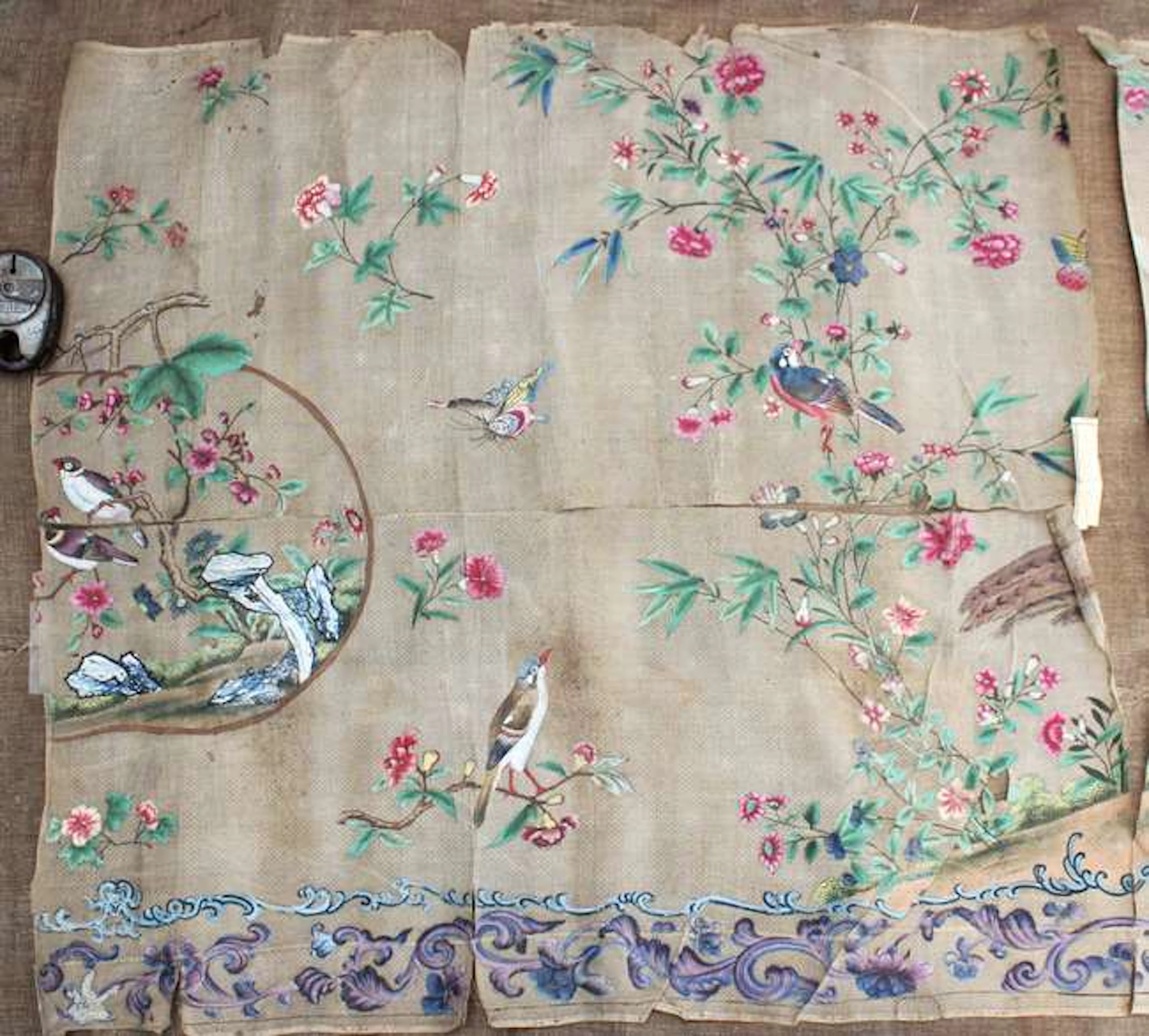 An elegant panoramic painting on textile, approximately 323 x 77 cm