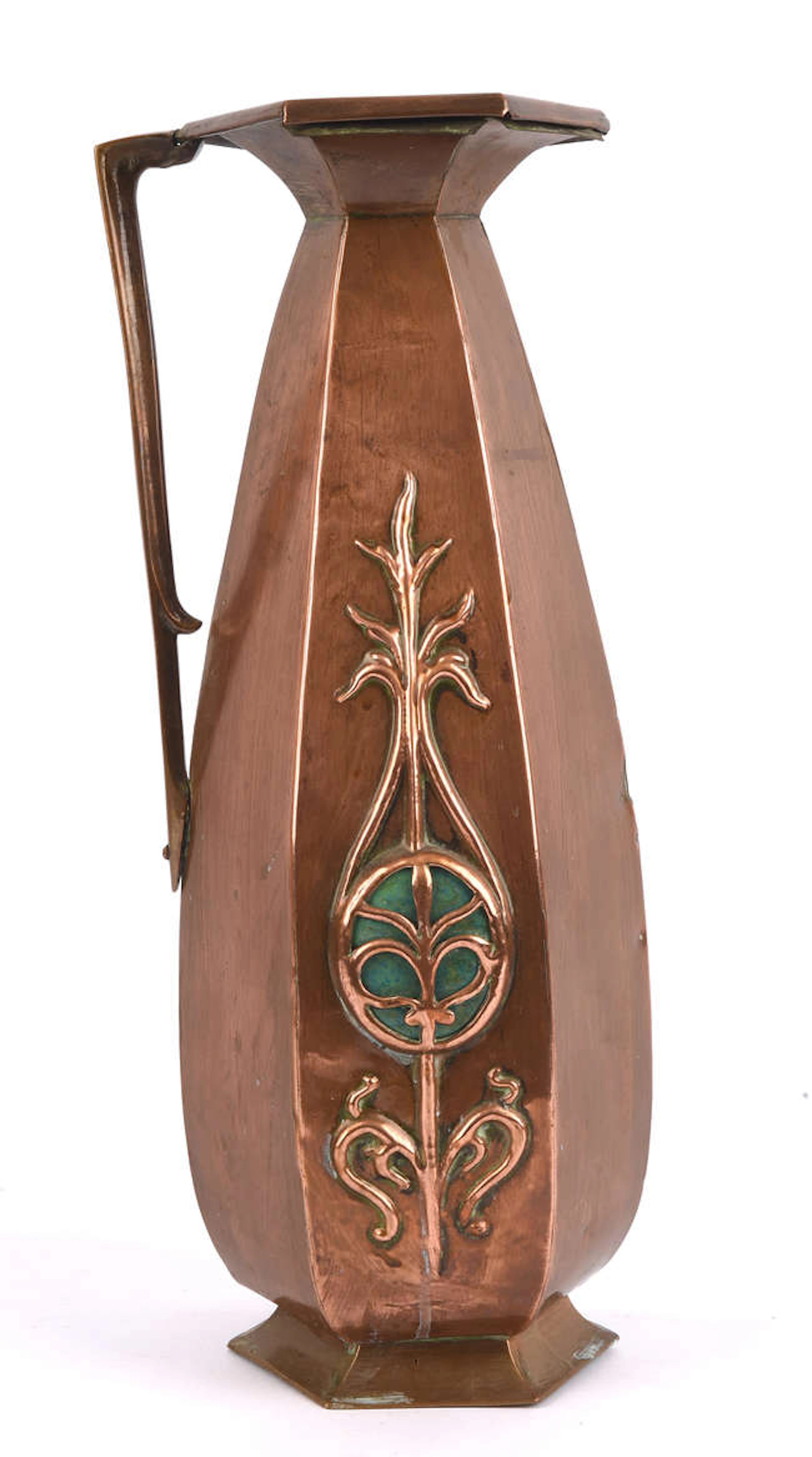 UNKNOWN DESIGNER, an Arts and Crafts style copper ewer, with an angular
