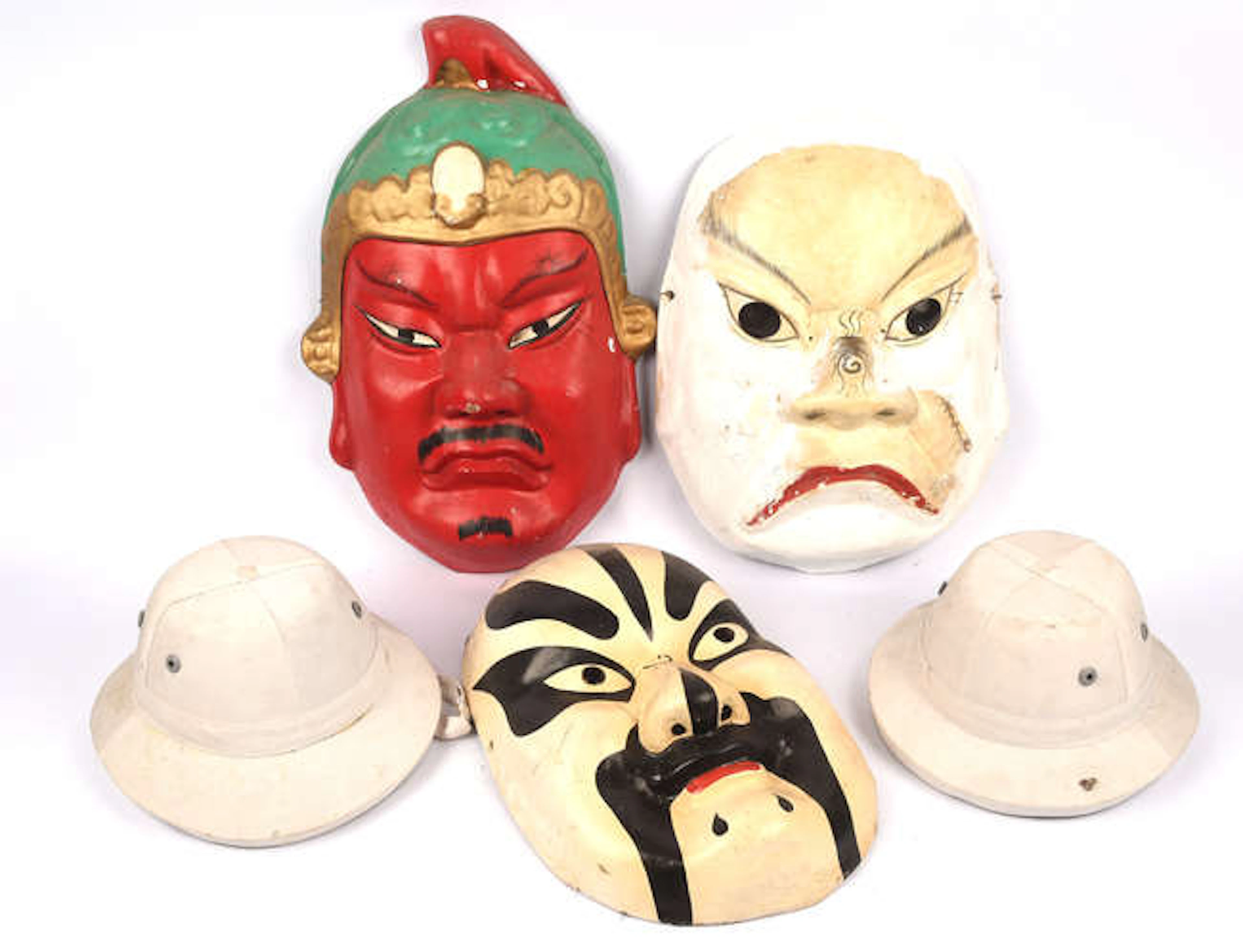 Two vintage pith white hats and three modern papier mache Oriental