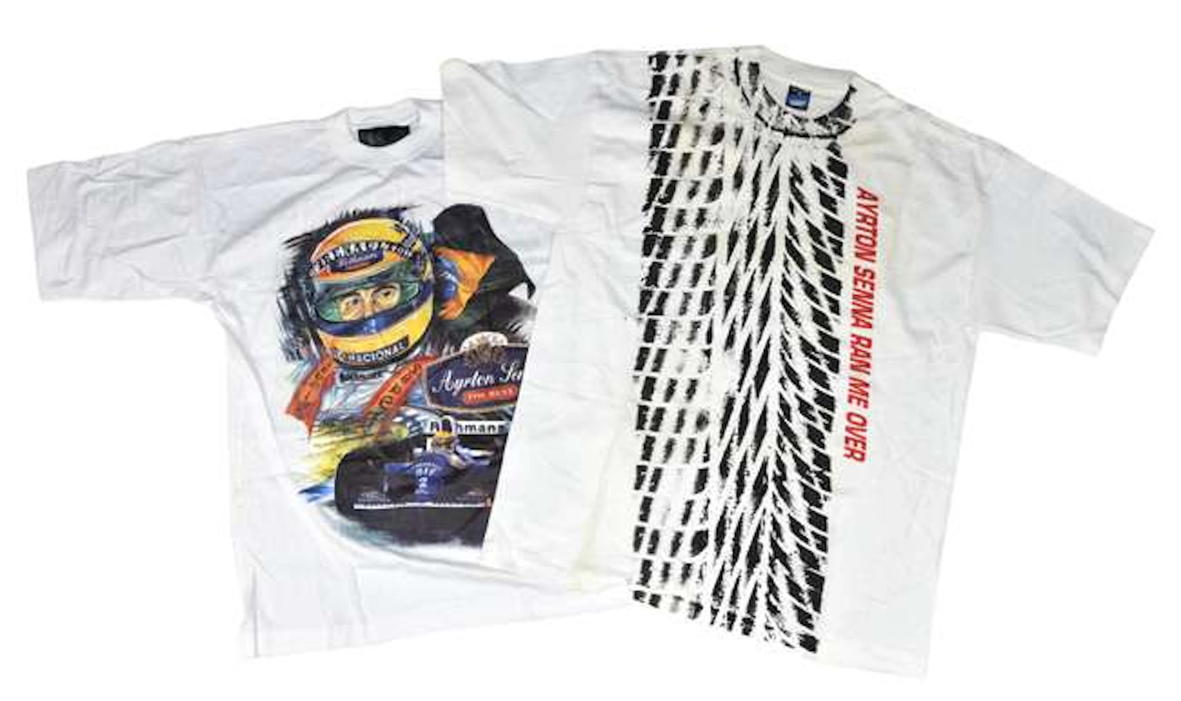 A pair of rare collectable Ayrton Senna white T-shirts. Size XL. (2).