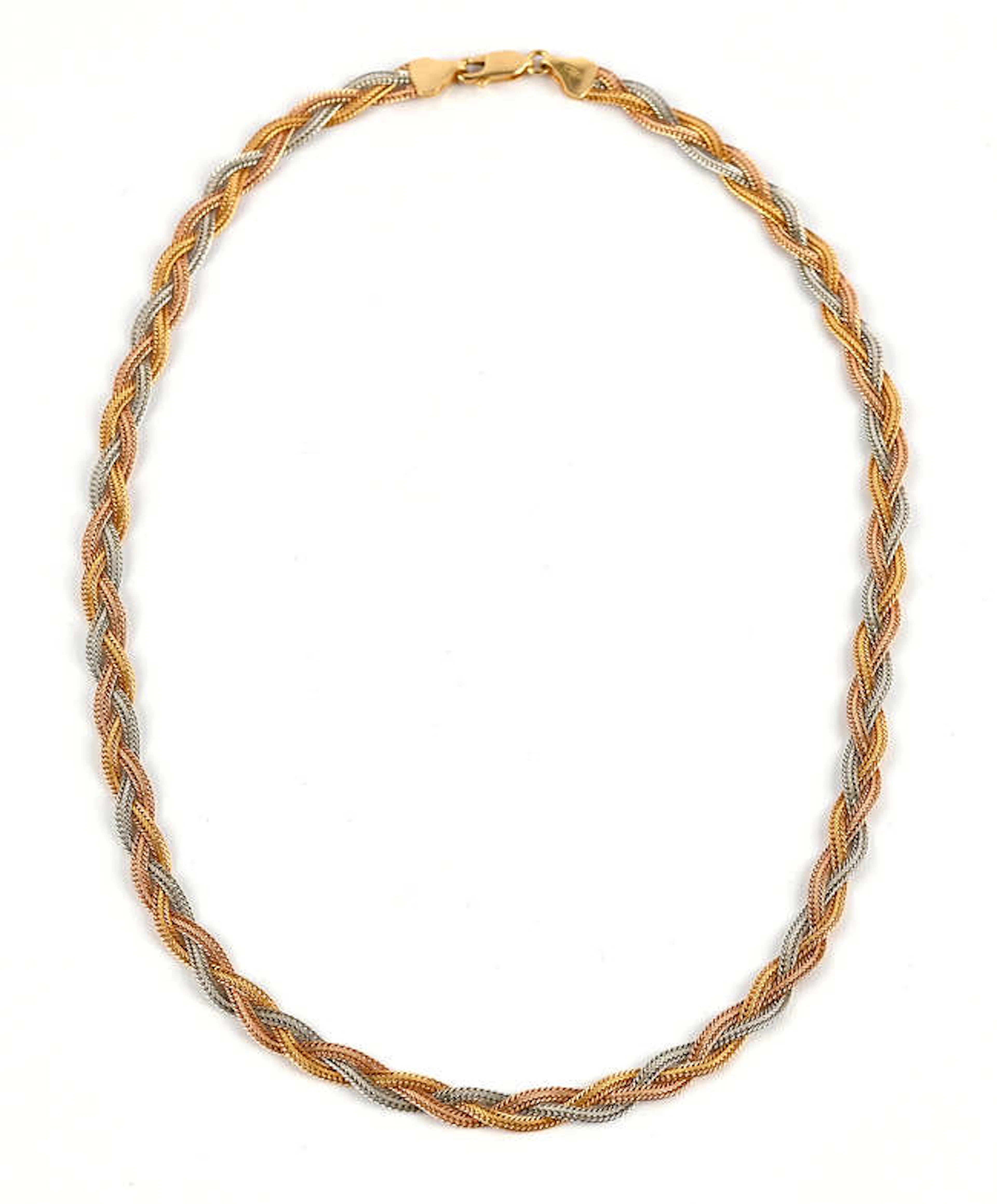 Tri coloured necklace, with flat weave link chain 45.5 cm long, with