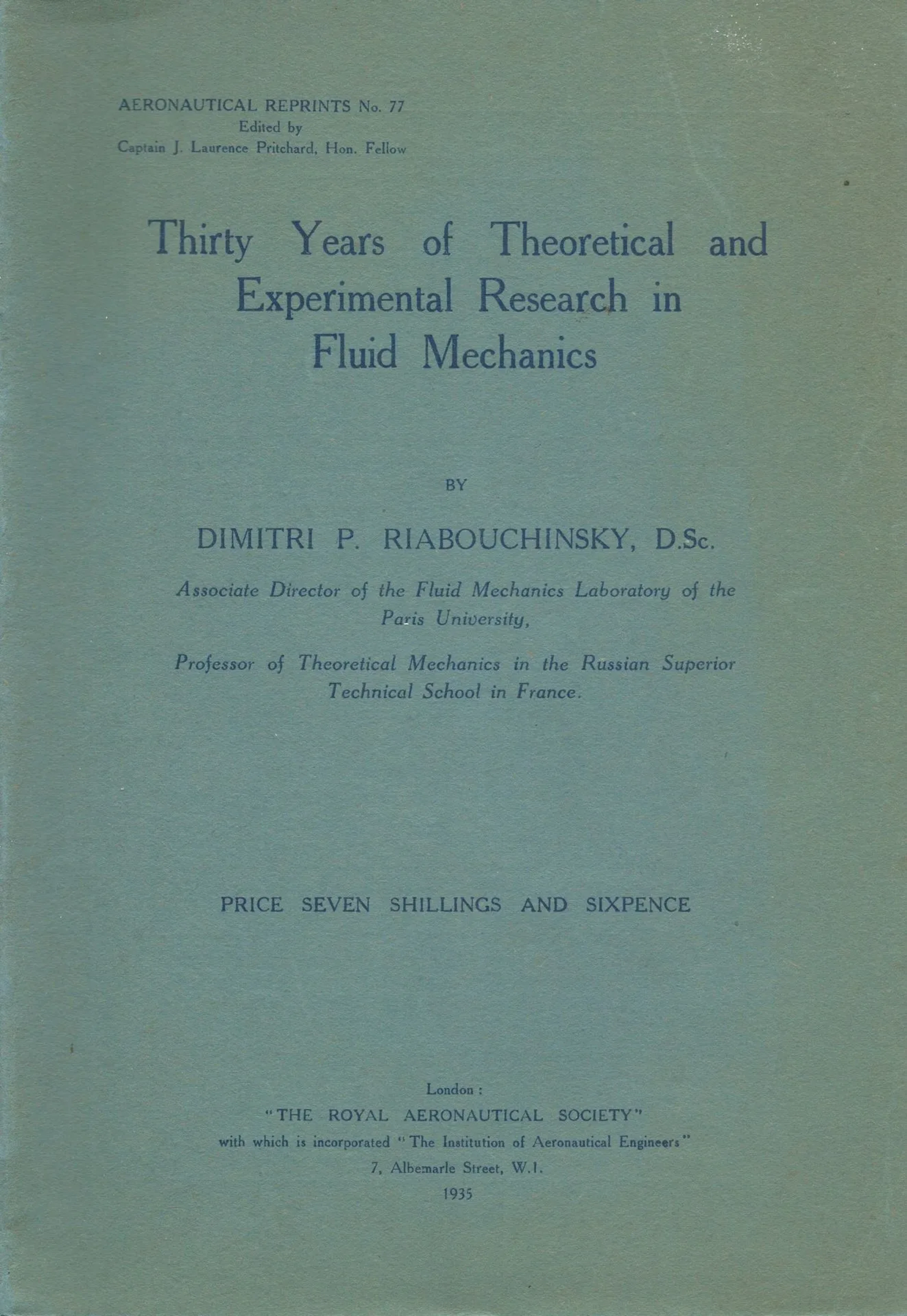 Dimitri RIABOUCHINSKY (1882–1962) - Autograph Thirty Years of Theoretical
