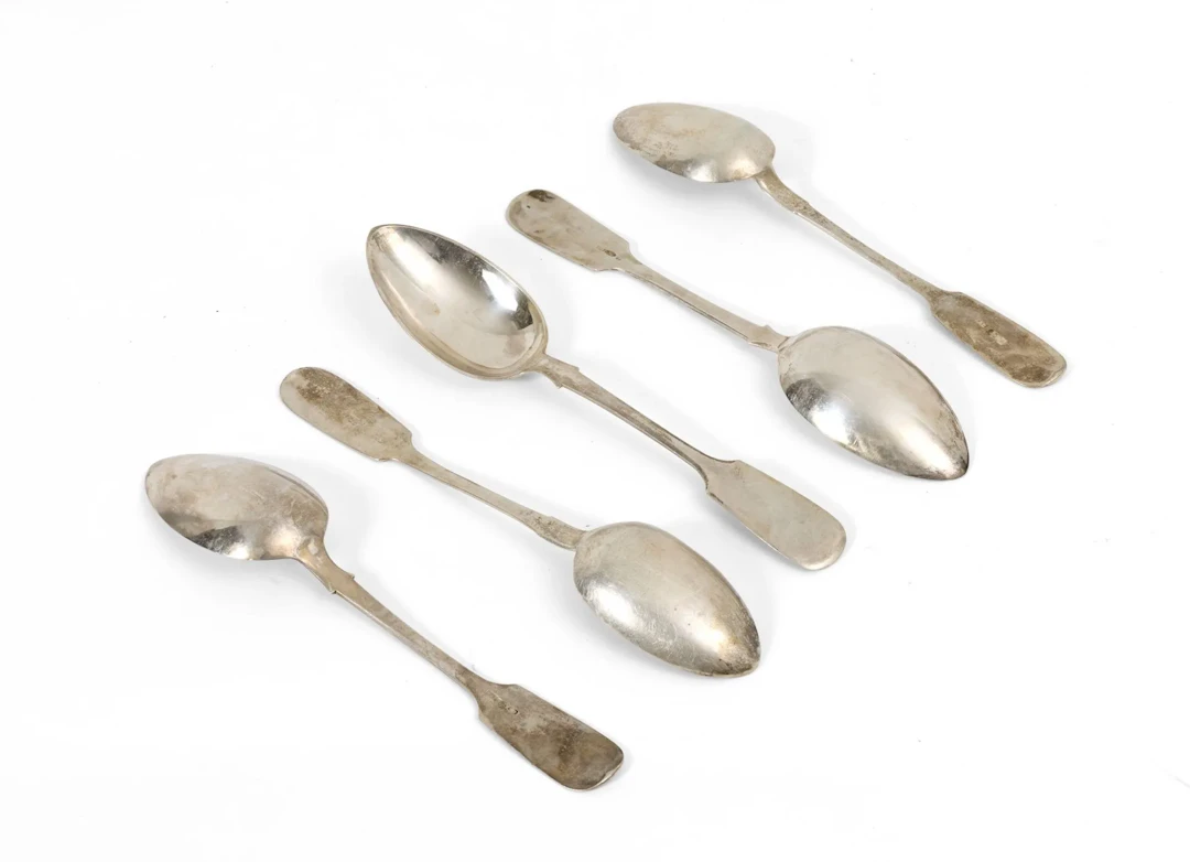 FIVE SOUP SPOONS Two of them are adorned with a monogram Silver Hallmarks: