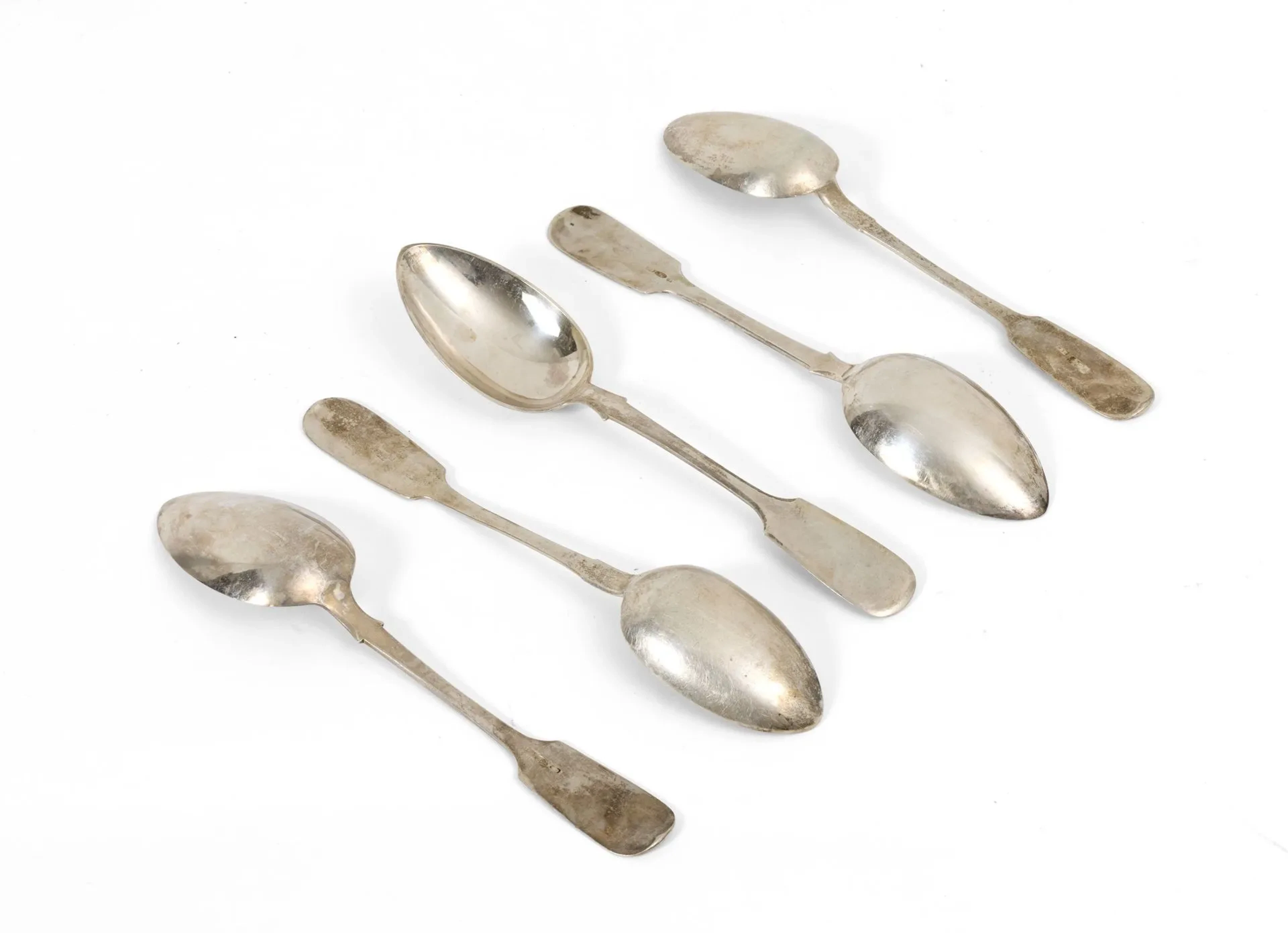 FIVE SOUP SPOONS Two of them are adorned with a monogram Silver Hallmarks: