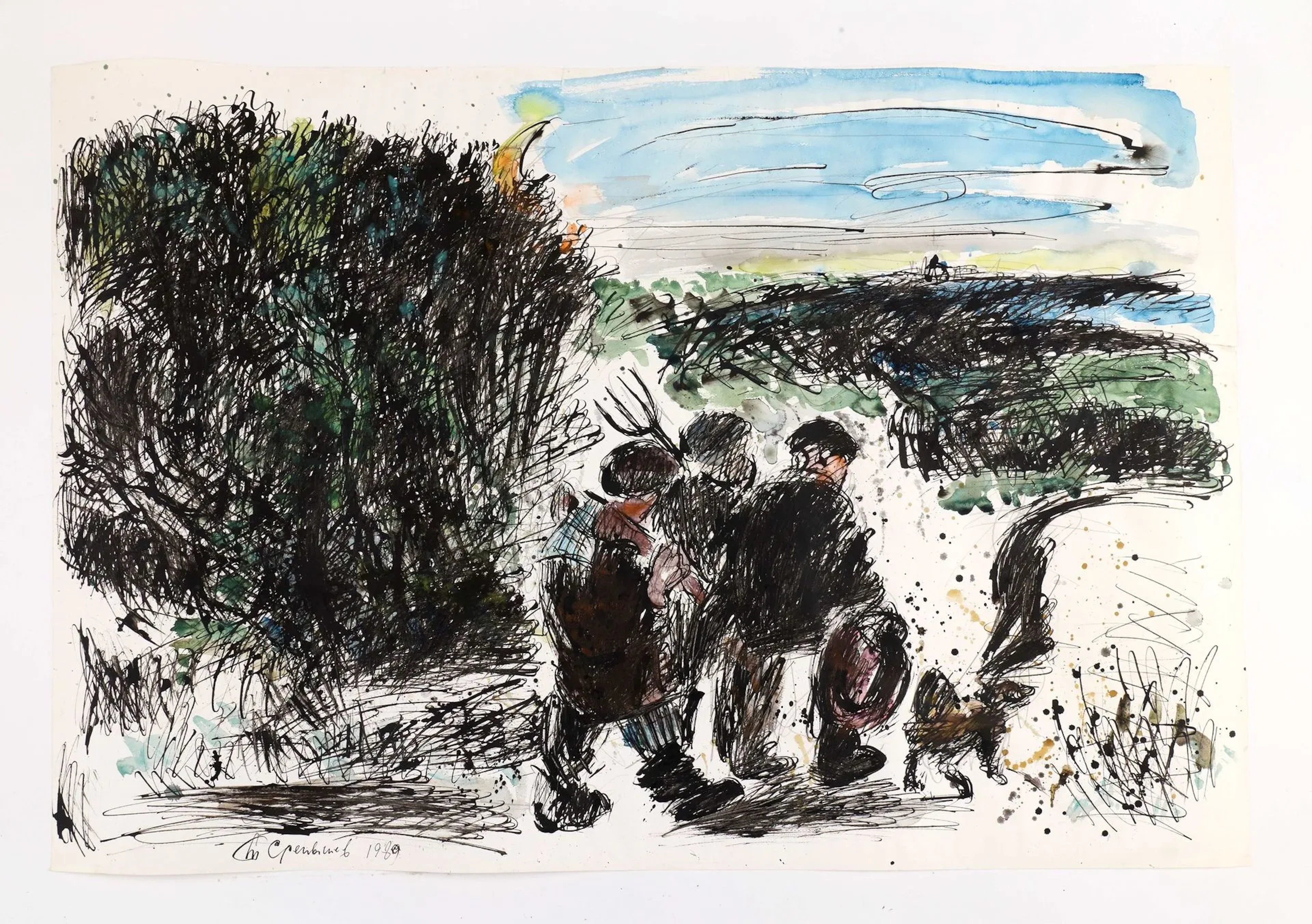 SLEPYSHEV Anatoly (1932–2016) Walk, 1989 Watercolor and ink on paper