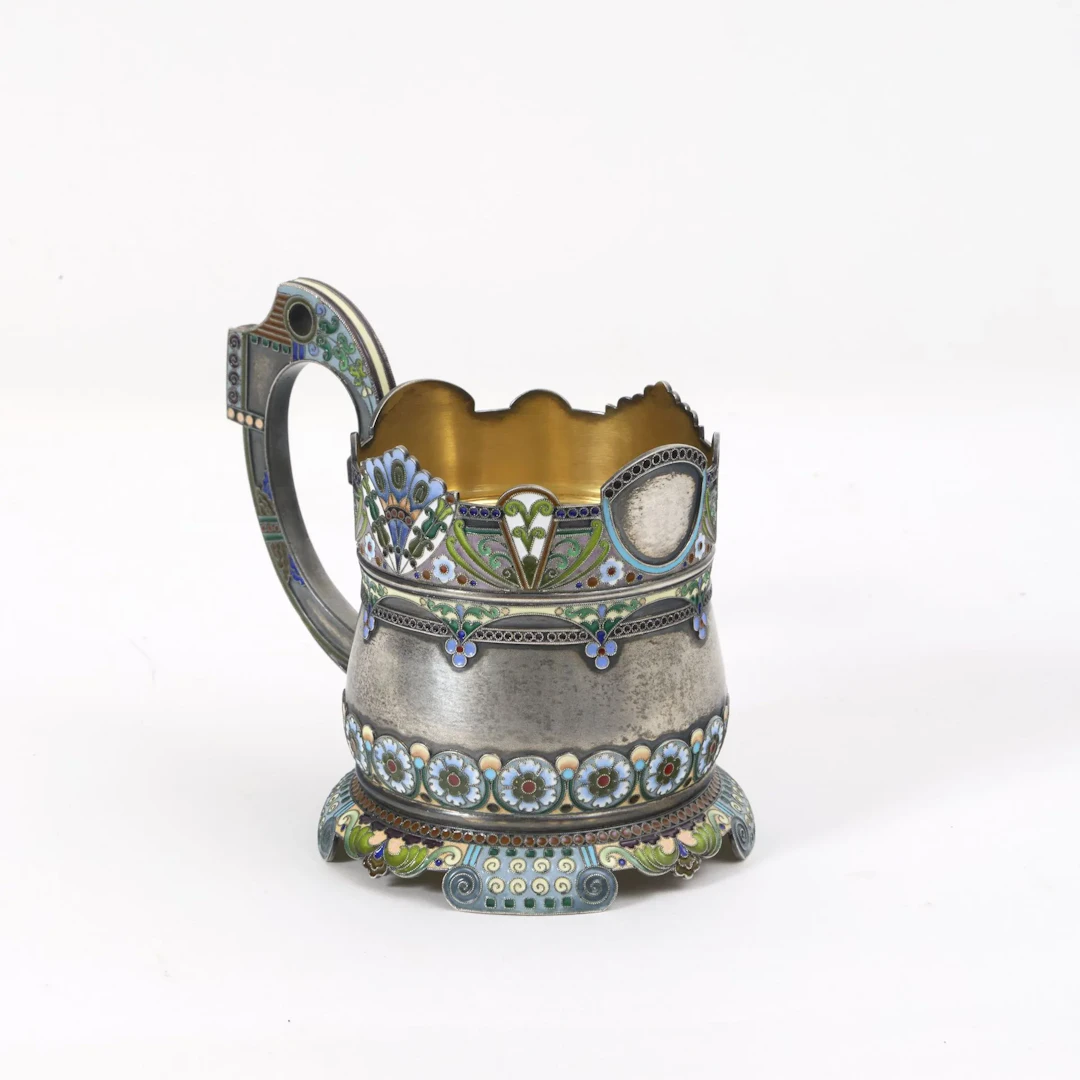 Silver glass holder with cloisonné enamel, Klebnichov hallmark, 88