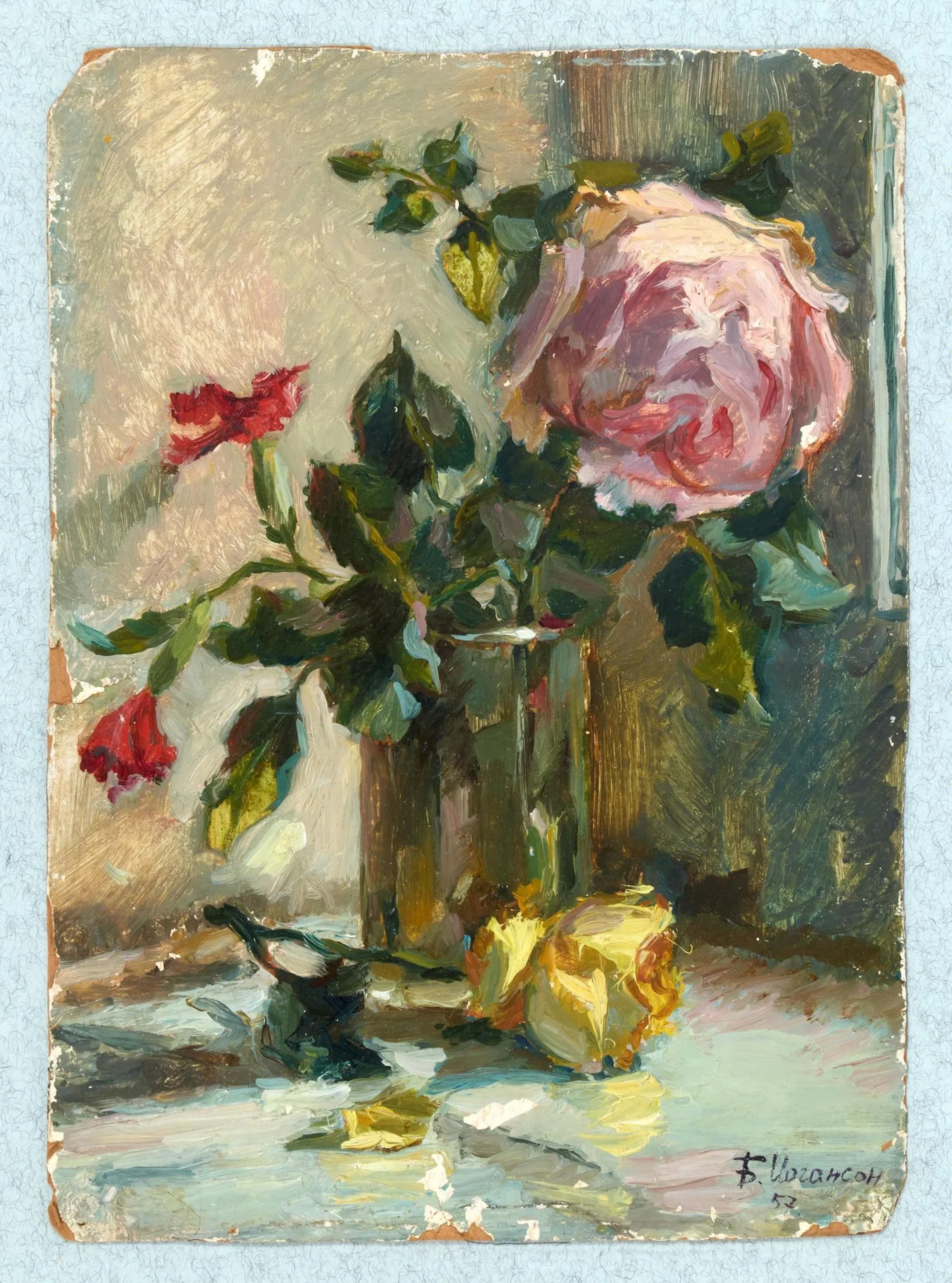 Boris IOGANSON (1893–1973) Roses in a Vase, 1957 Oil on cardboard