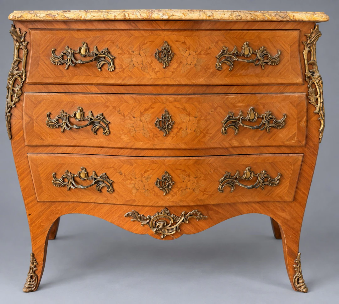 Curved chest of drawers with veneered sides, featuring three - Lot 273