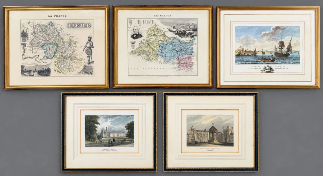 A set of five color-enhanced prints depicting: maps of the I - Lot 9